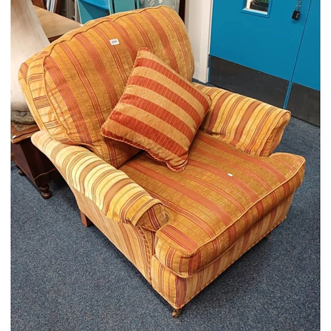 OVERSTUFFED ARMCHAIR WITH GOLD & RED STRIPED PATTERN