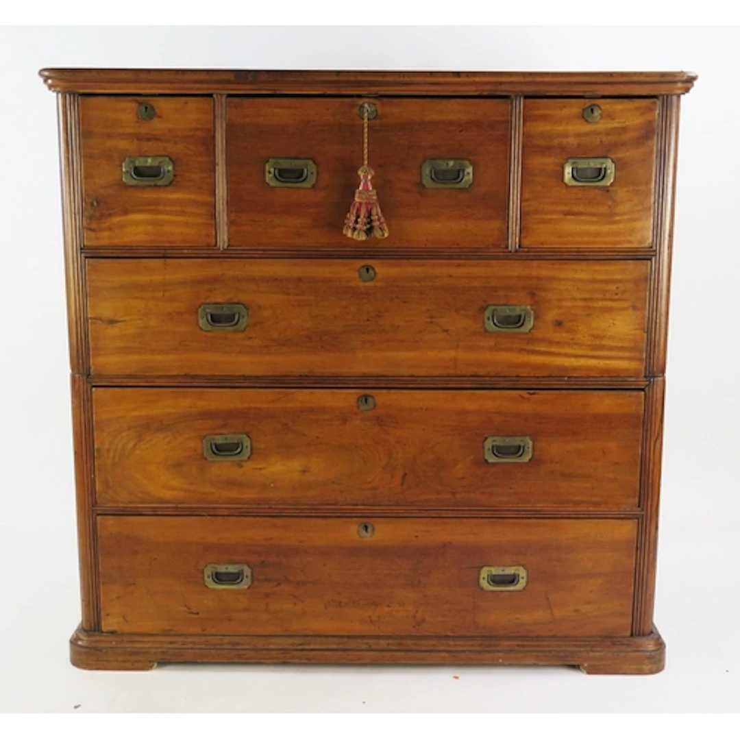 A camphorwood campaign chest, with central fall front secret...