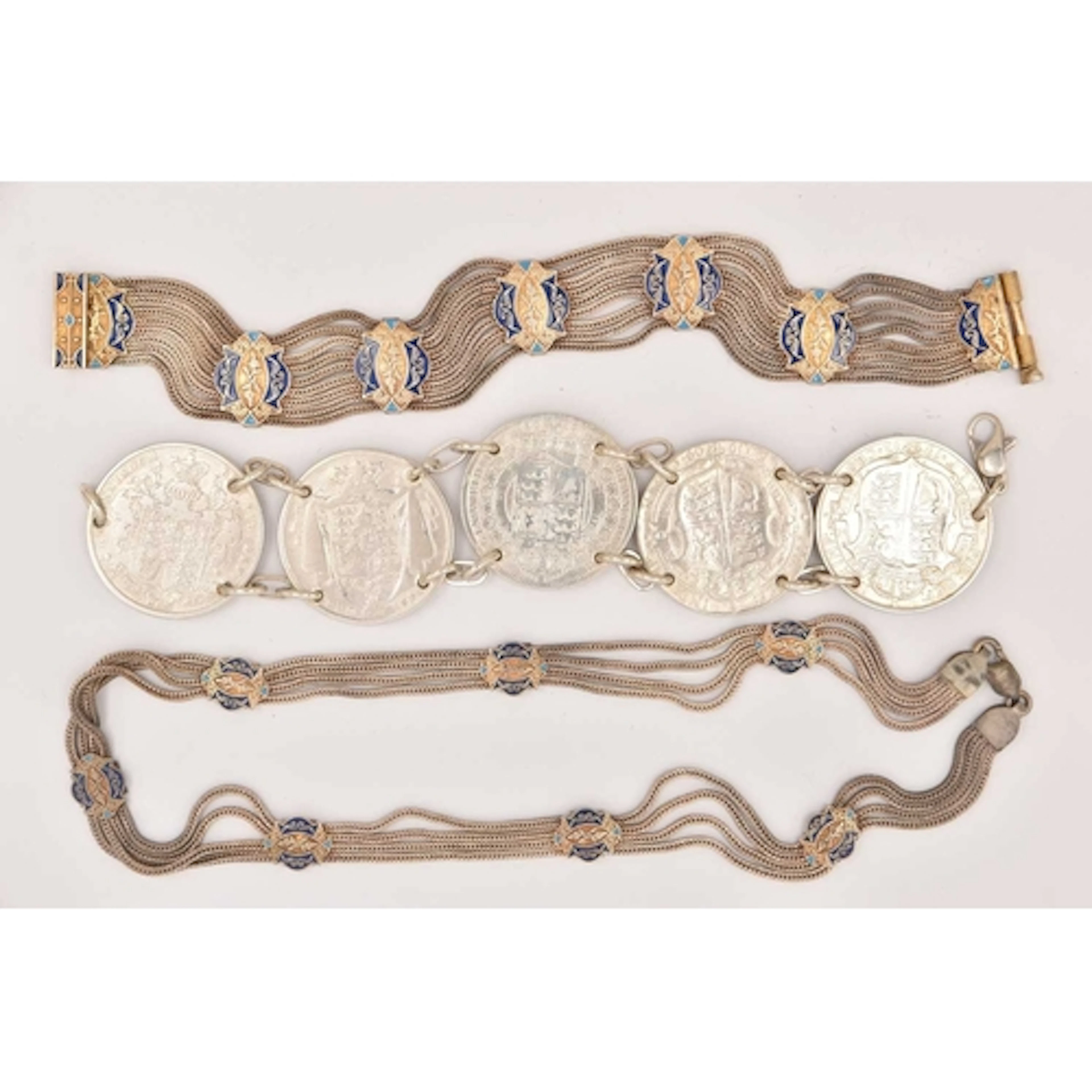 A HALF CROWN COIN BRACELET AND A CONTINENTAL WHITE METAL AND...