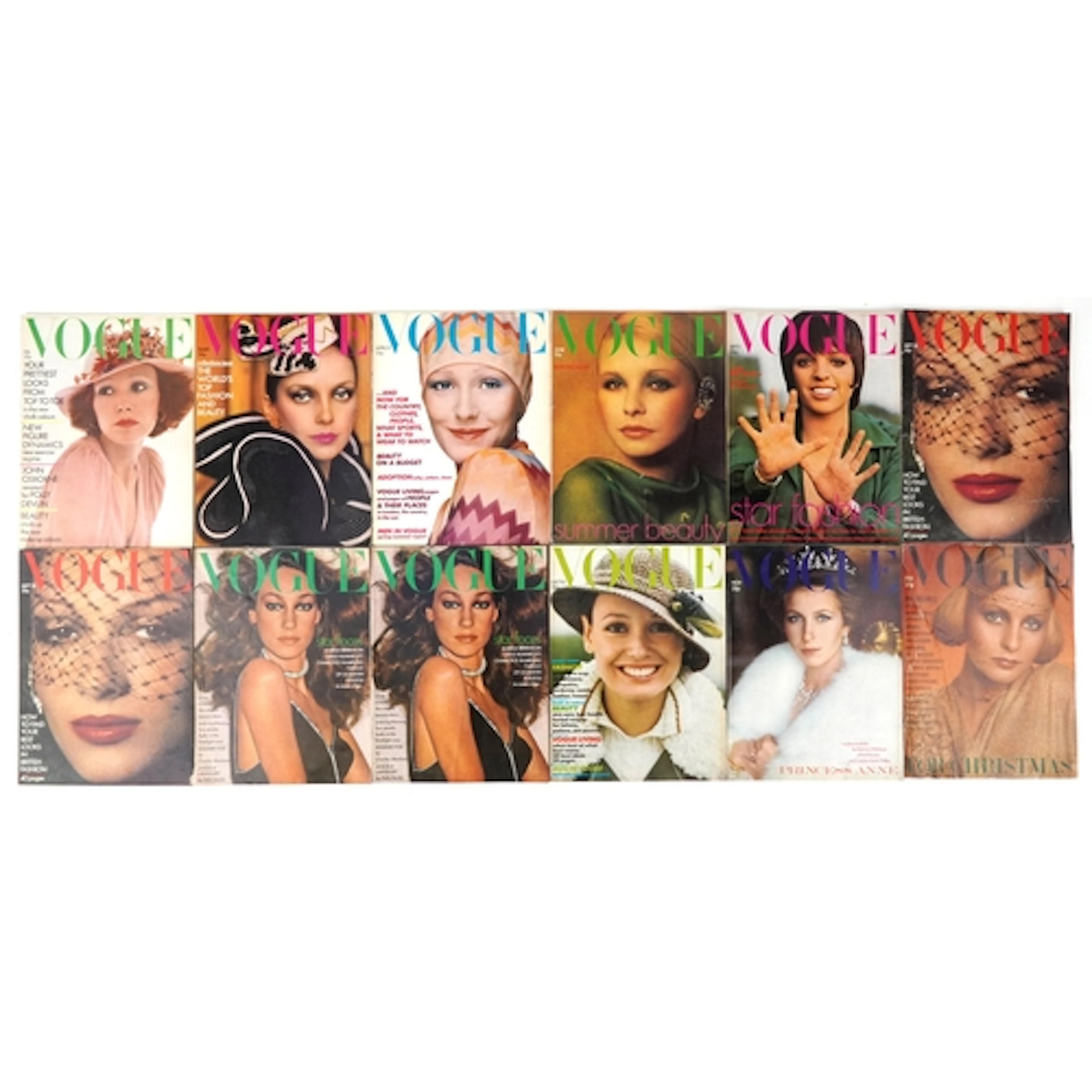 Collection of 1973 Vogue magazines.