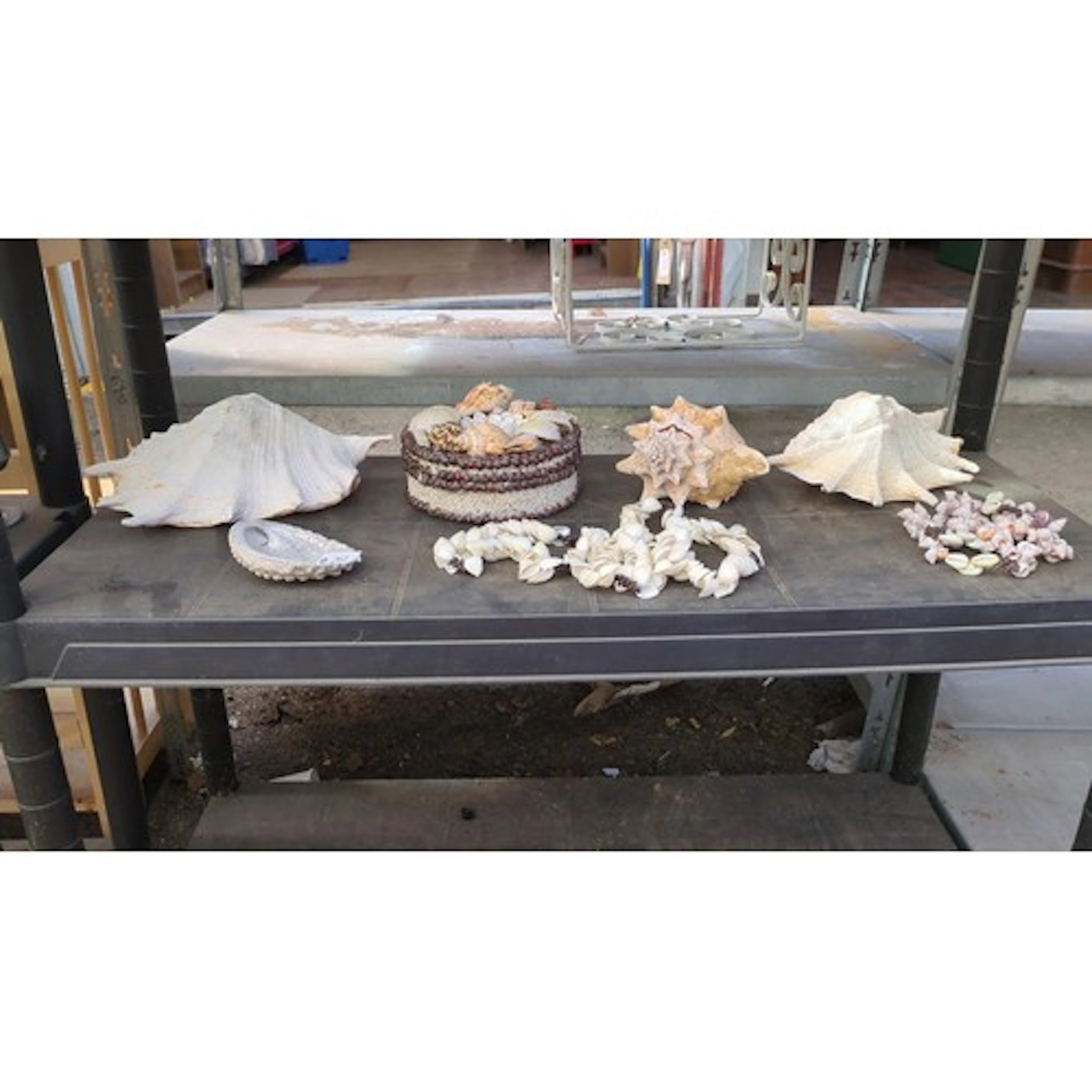 A group of natural shells and shellwork ornaments, including...