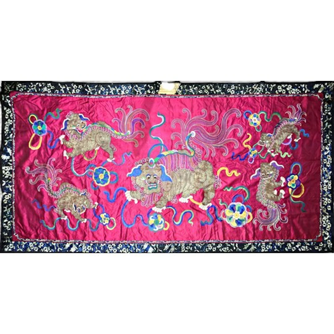 A large Chinese polychrome silk and silver metal thread pan...