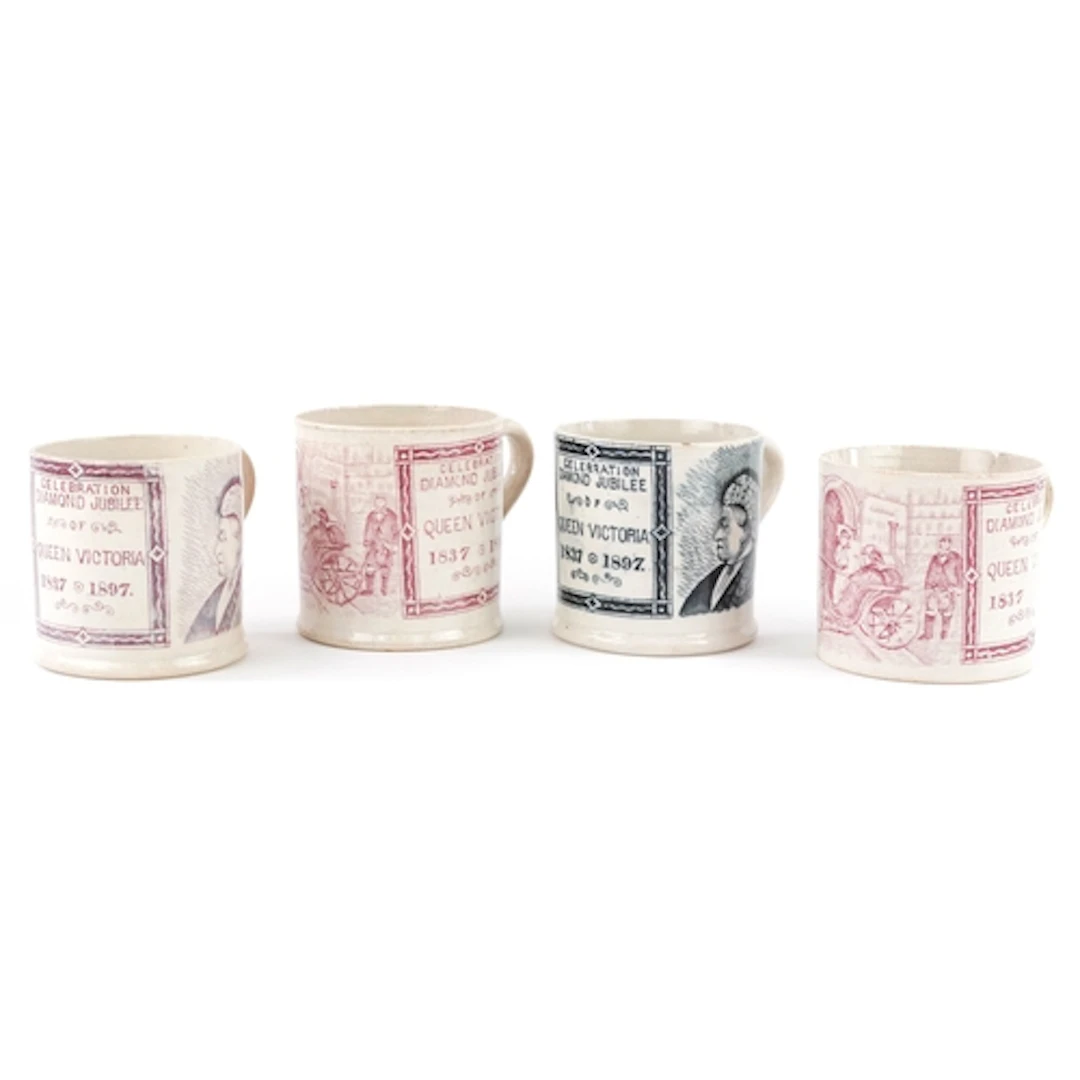 Four Victorian transfer printed pottery mugs commemorating t...
