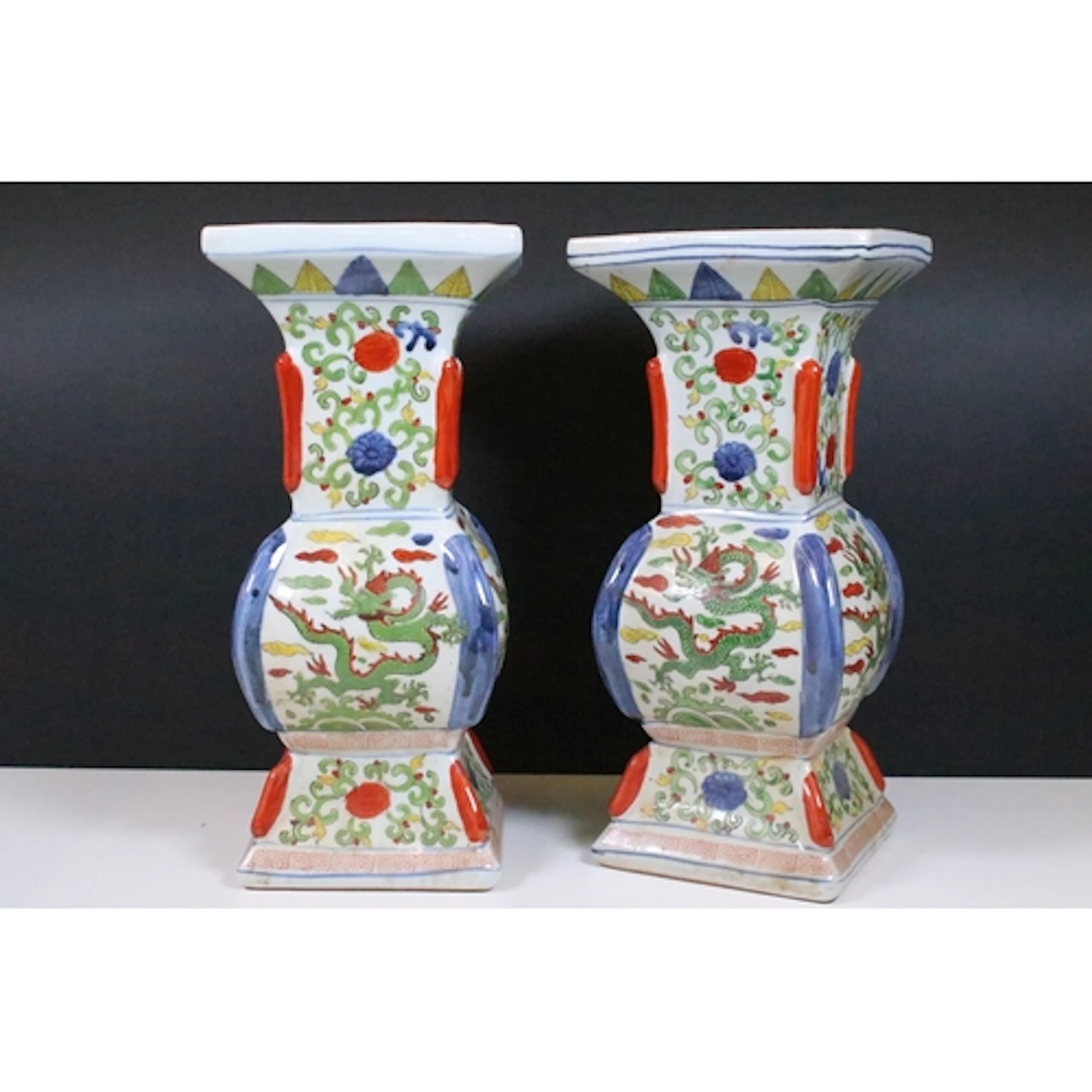 Pair of 20th century Wucai vases of square profile having a ...