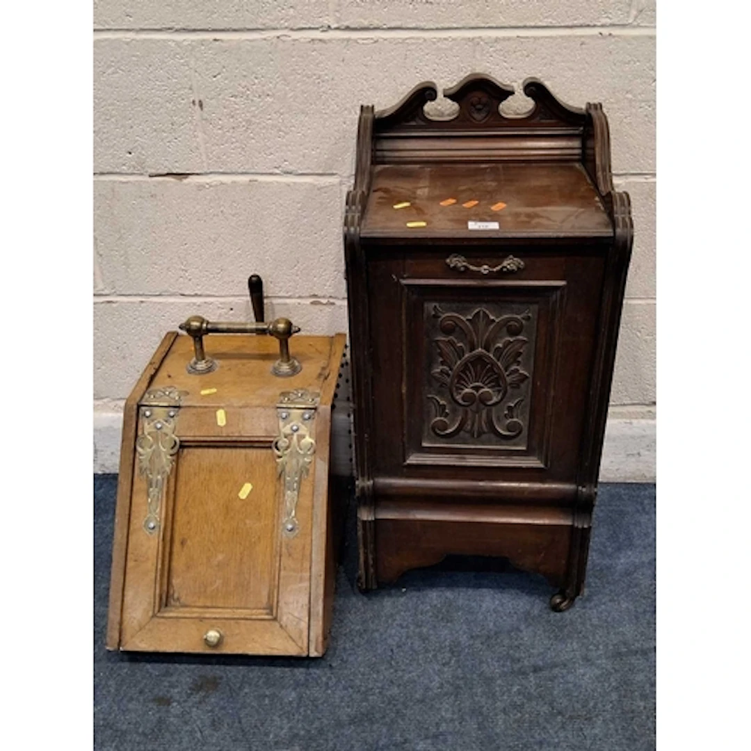AN EARLY 20TH CENTURY MAHOGANY LOG BOX, along with a coal sc...