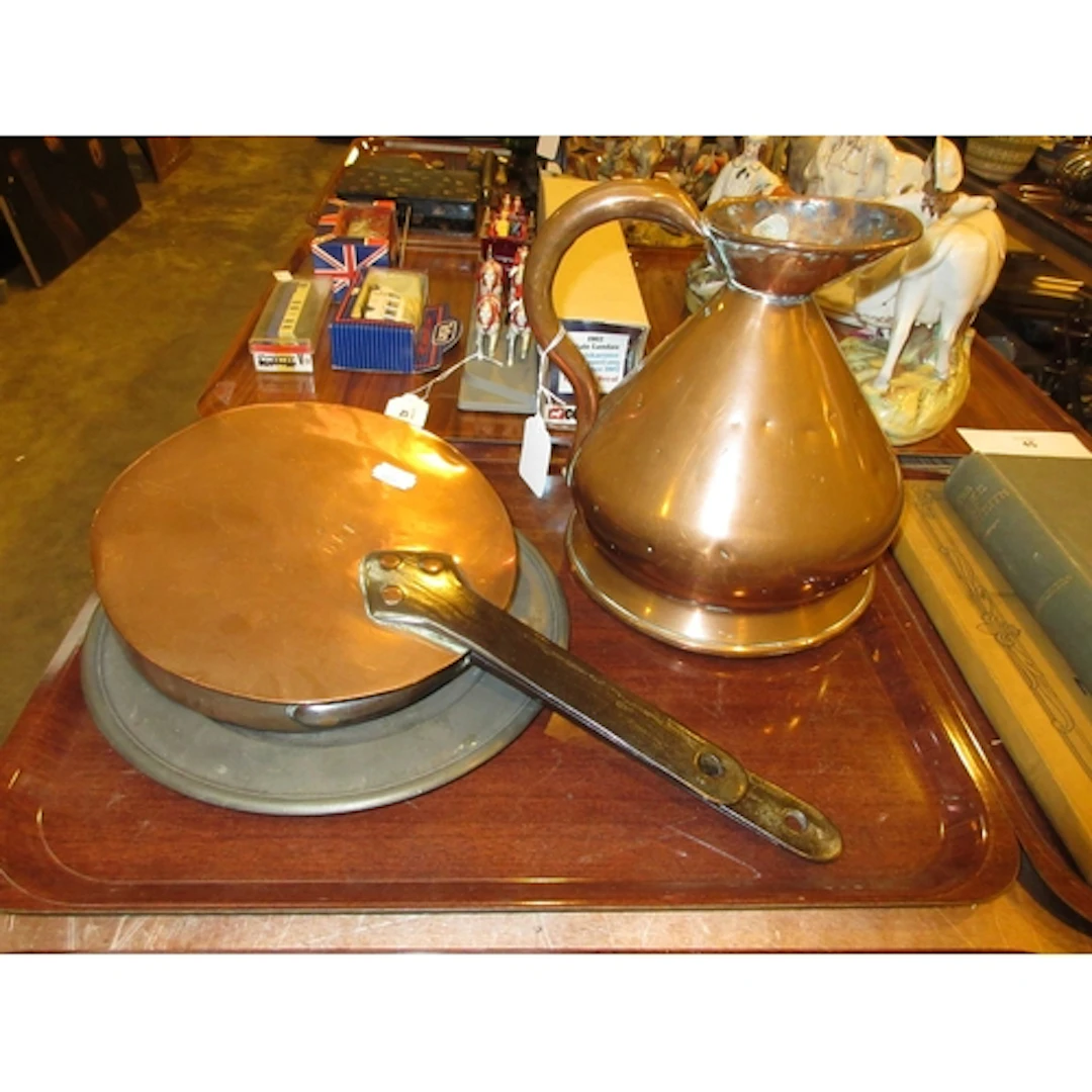 Copper Half Gallon Jug and Pan with Cover, along with a Pewt...