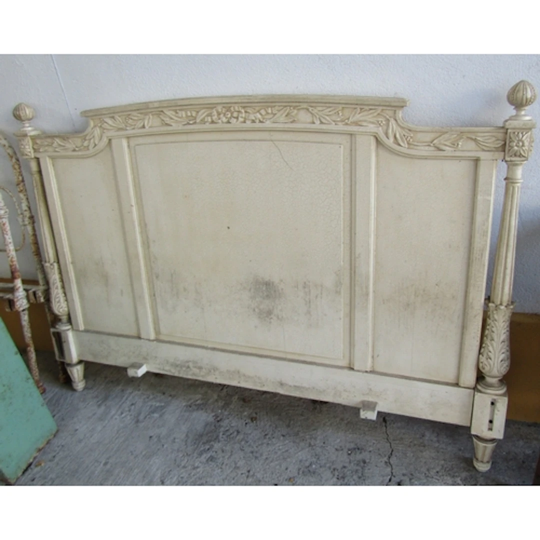 Old French Painted Bed Head Carved and Finial Decoration 5ft...
