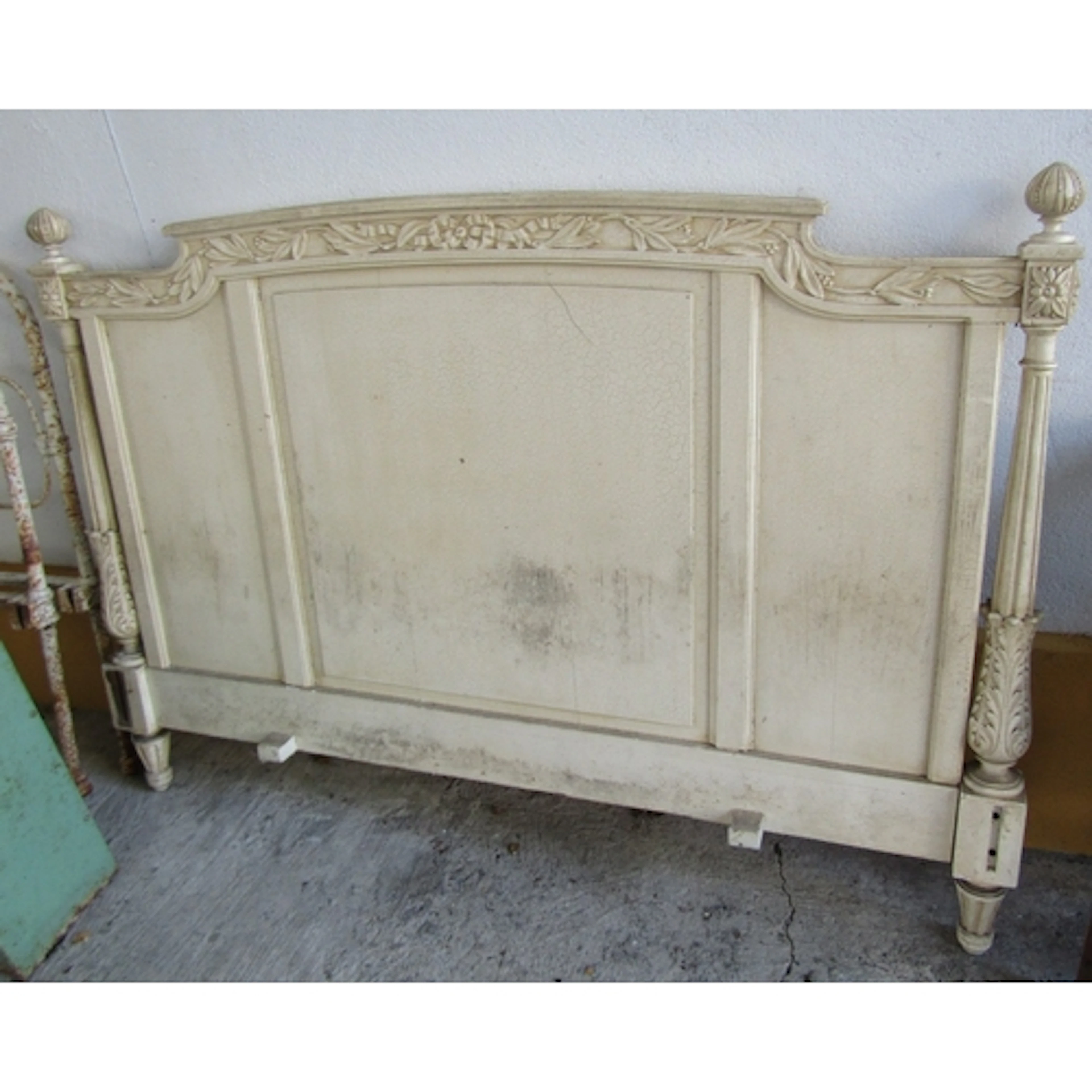 Old French Painted Bed Head Carved and Finial Decoration 5ft...