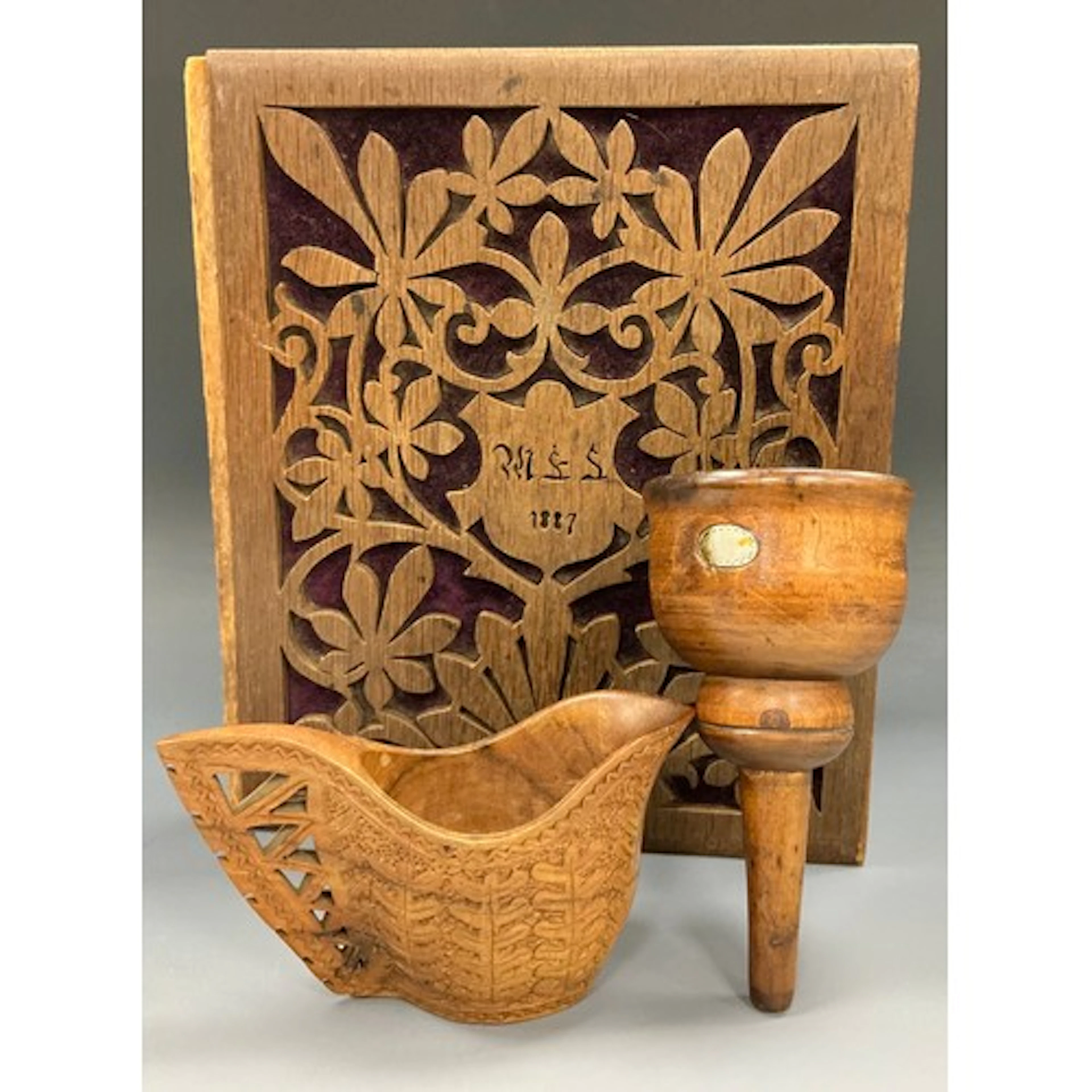 Treen - a George III fruitwood wine funnel, silver metal ova...