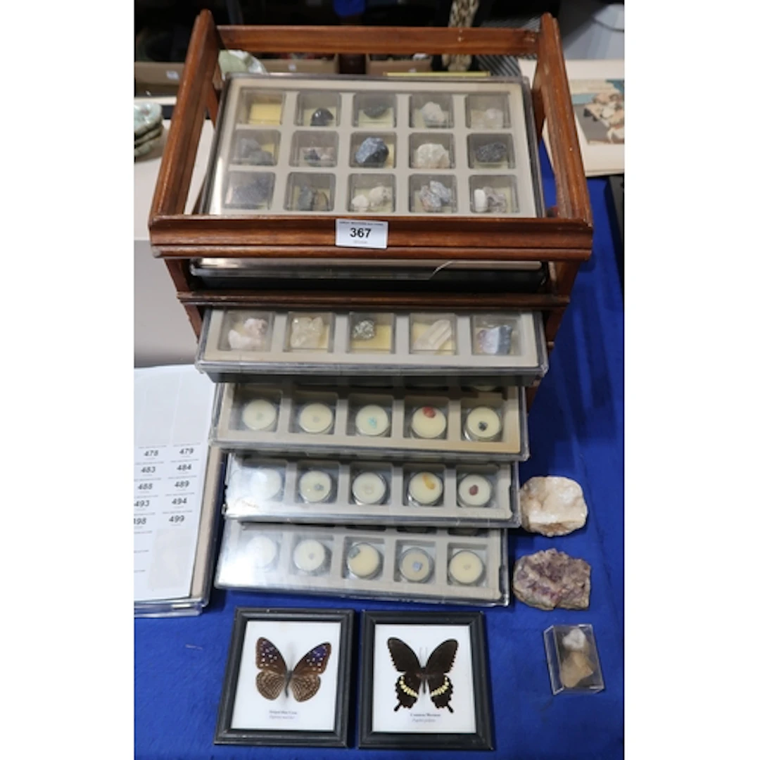 A specimen set of assorted stones in trays, together with an...