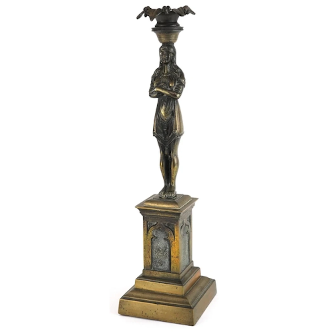 Early 20th century Egyptian Revival bronzed figural candlest...