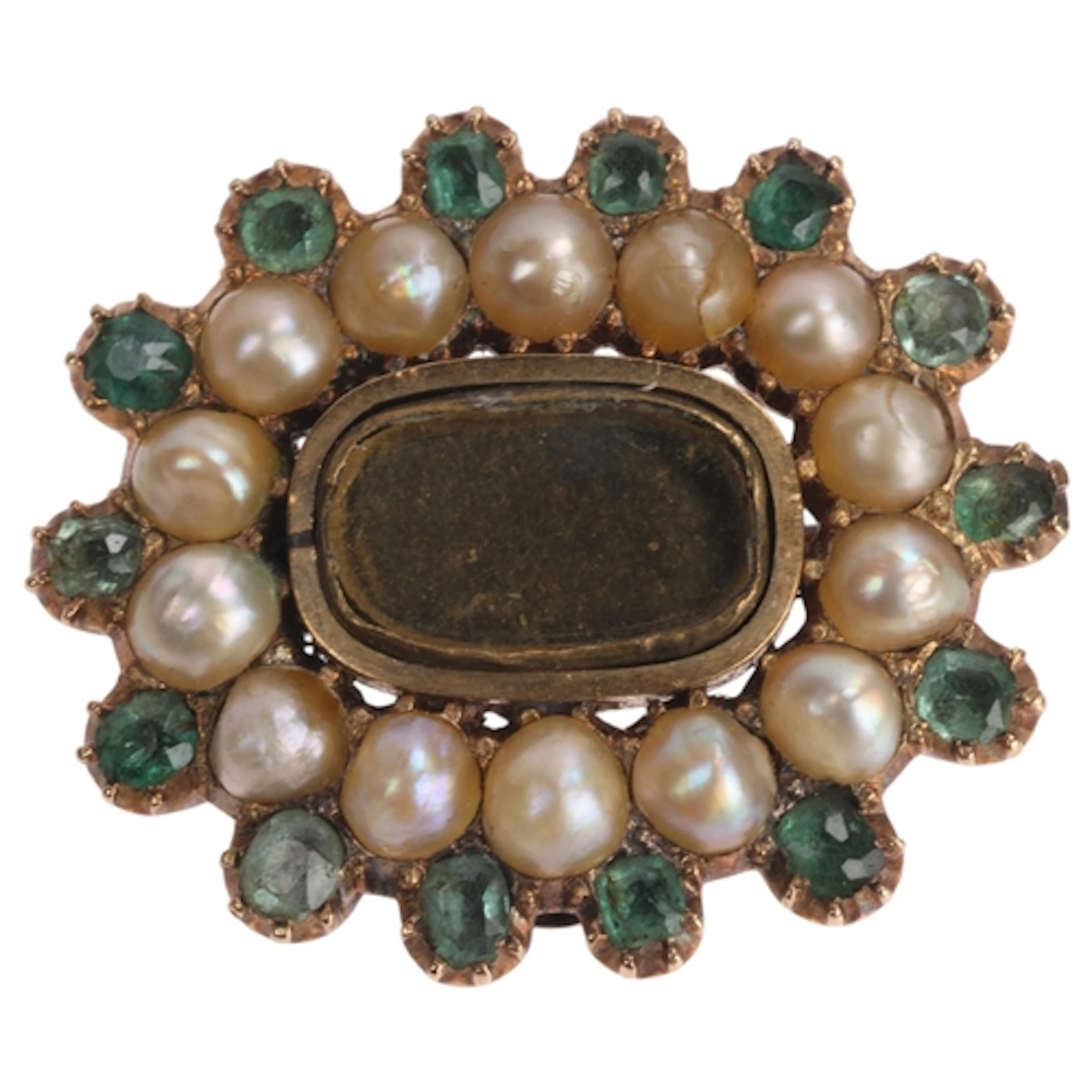 An Antique Georgian gold emerald and split pearl mourning br...