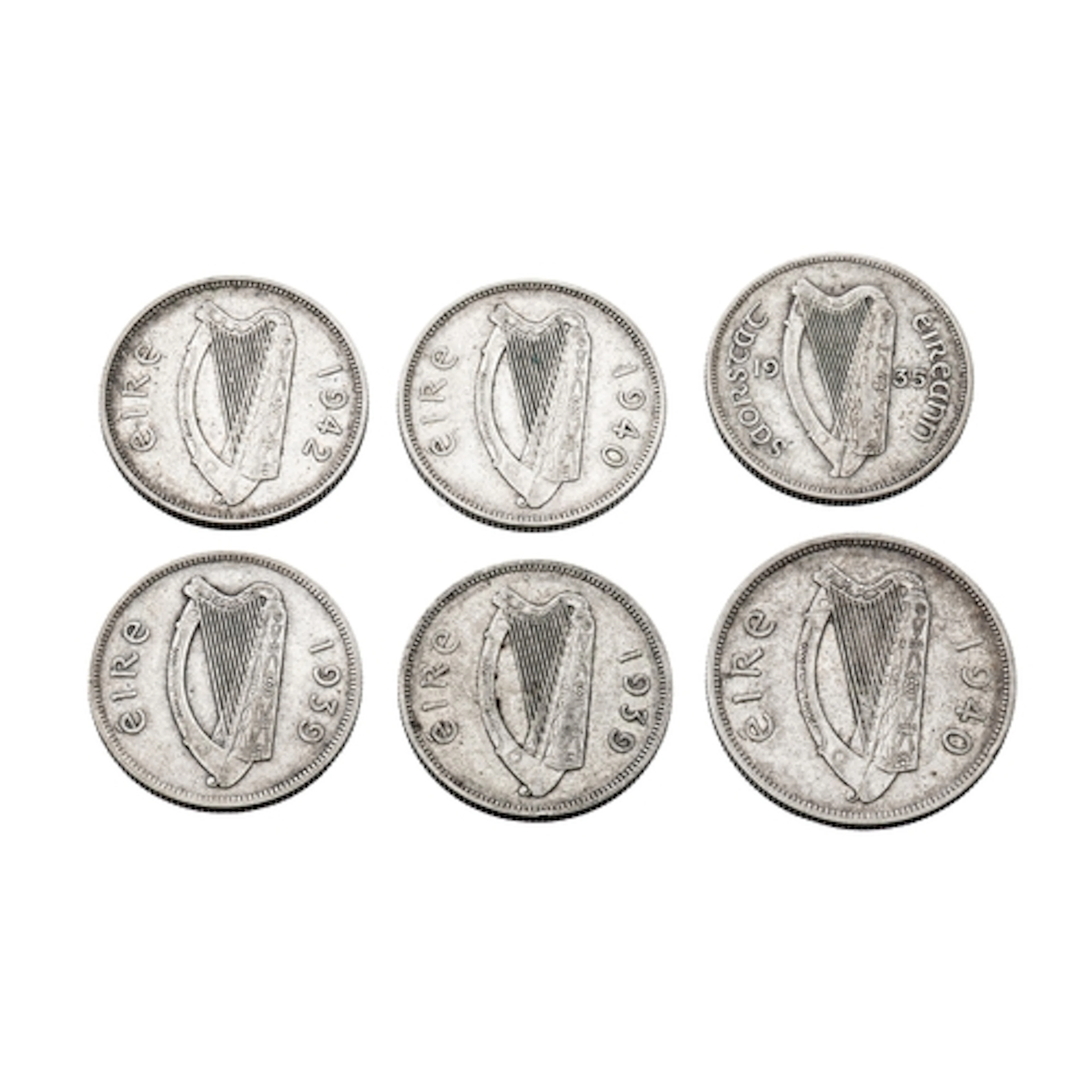 A 1940 IRISH SILVER HALF CROWN COIN, plus 6 x 1935 - 1942 Fl...