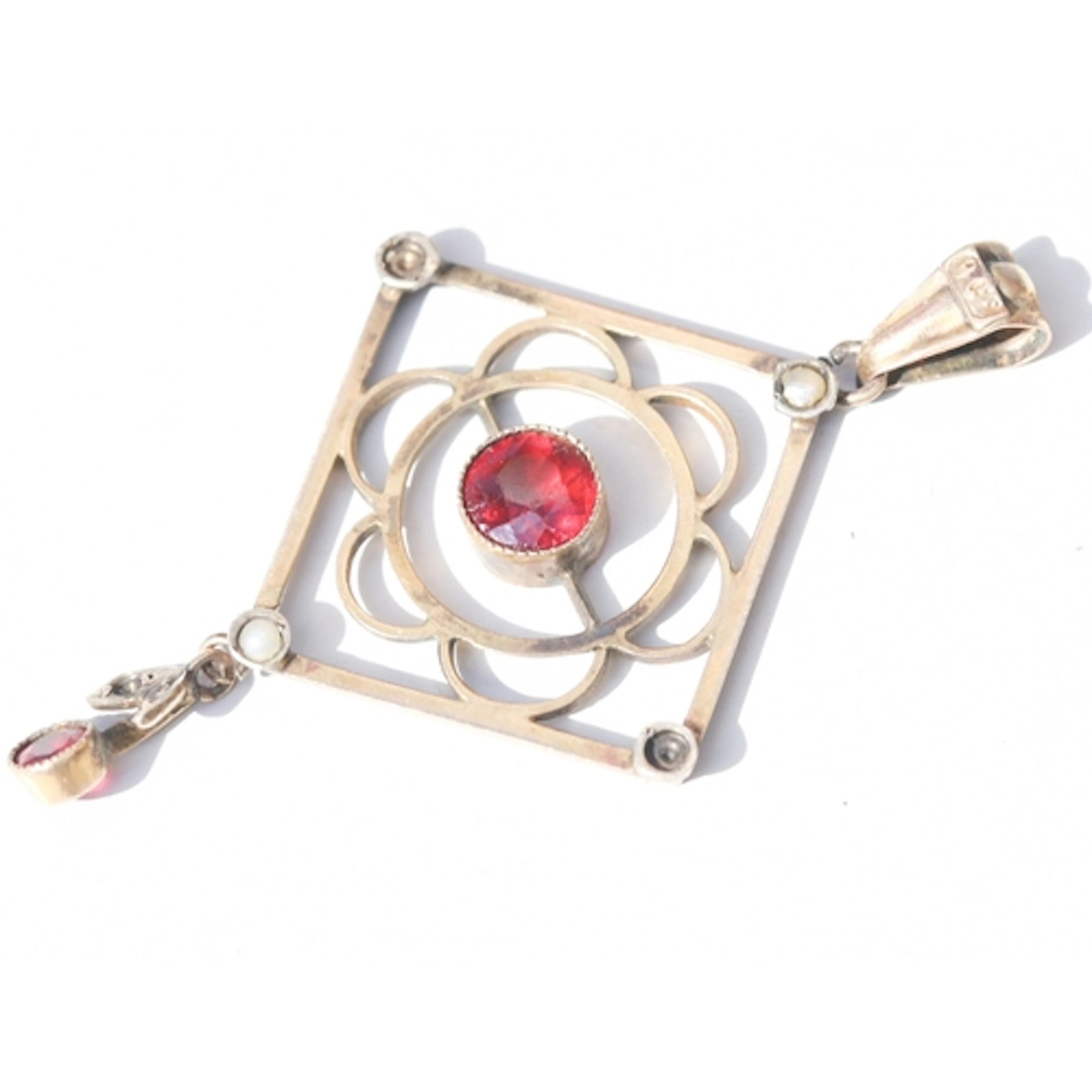 Antique Cherry Garnet and Seed Pearl Set Drop Pendant, Mount...