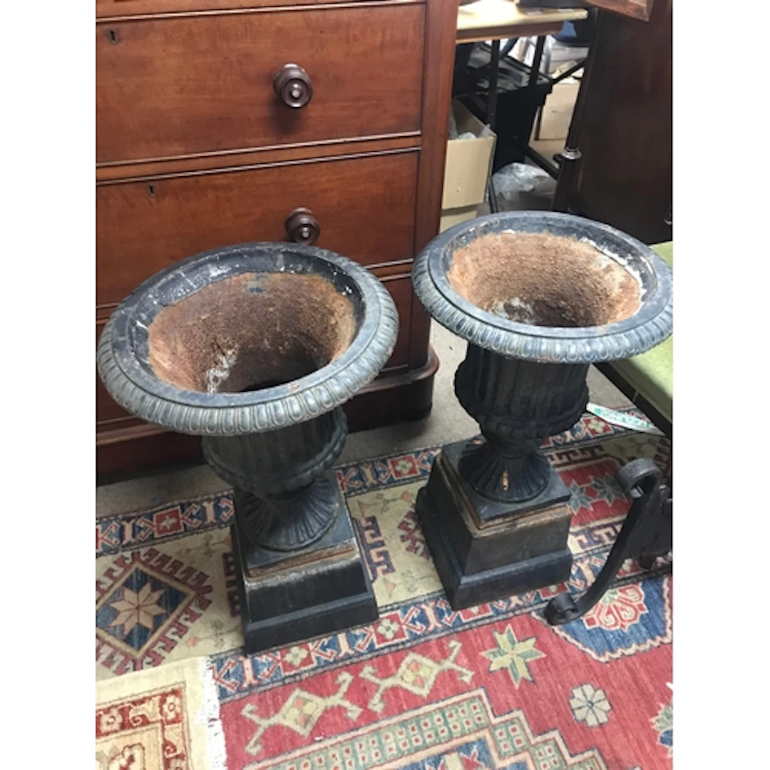 Two garden urns. 38cm wide, 68cm tall
