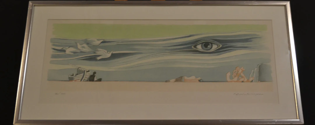 AXEL OLSON. Färglitografi, "Surrealistisk komposition", signerad &