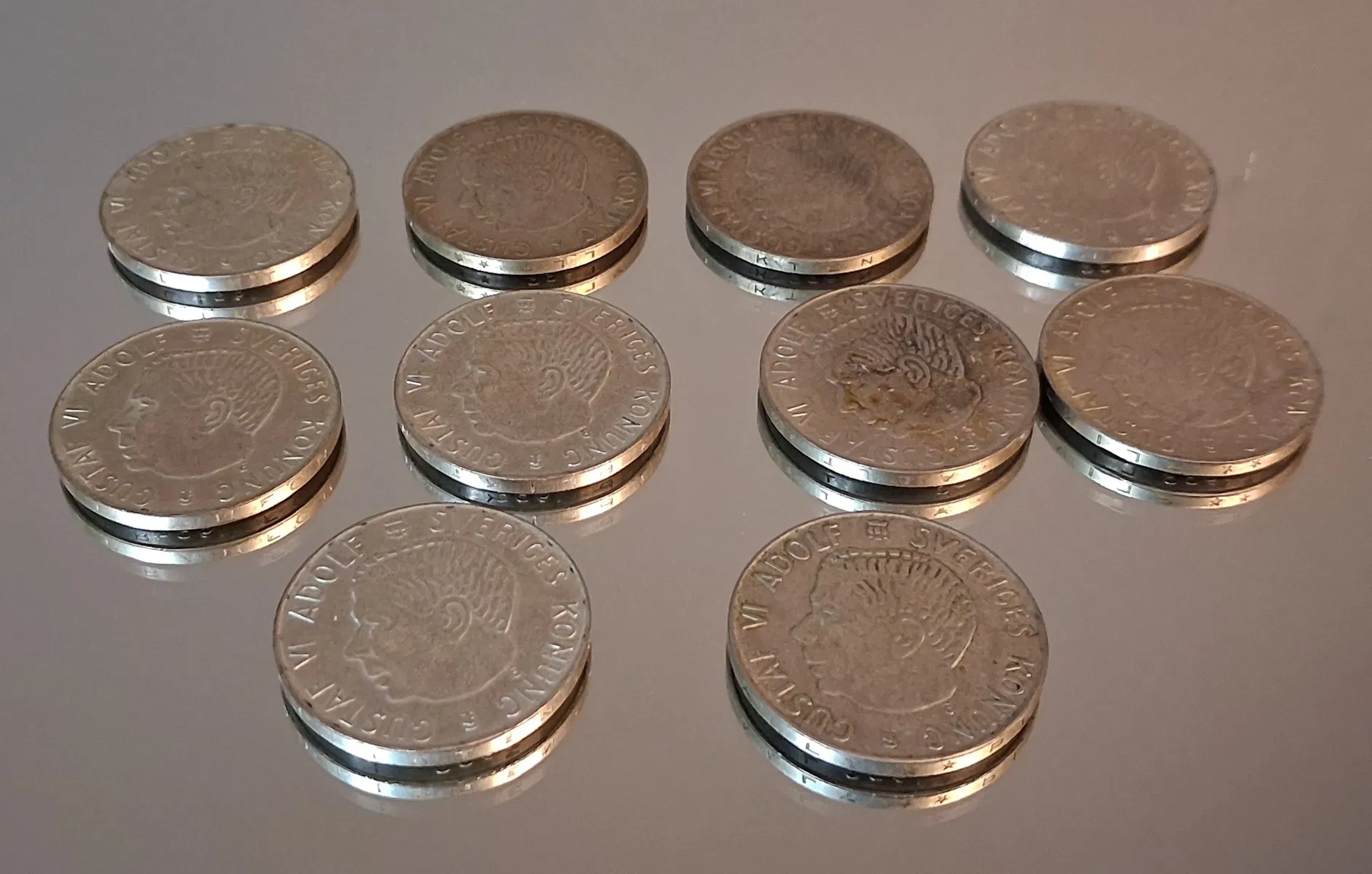 10 Stycken 5 Kronor. Silverhalt 40%, 181gram, 1954 & 1955.