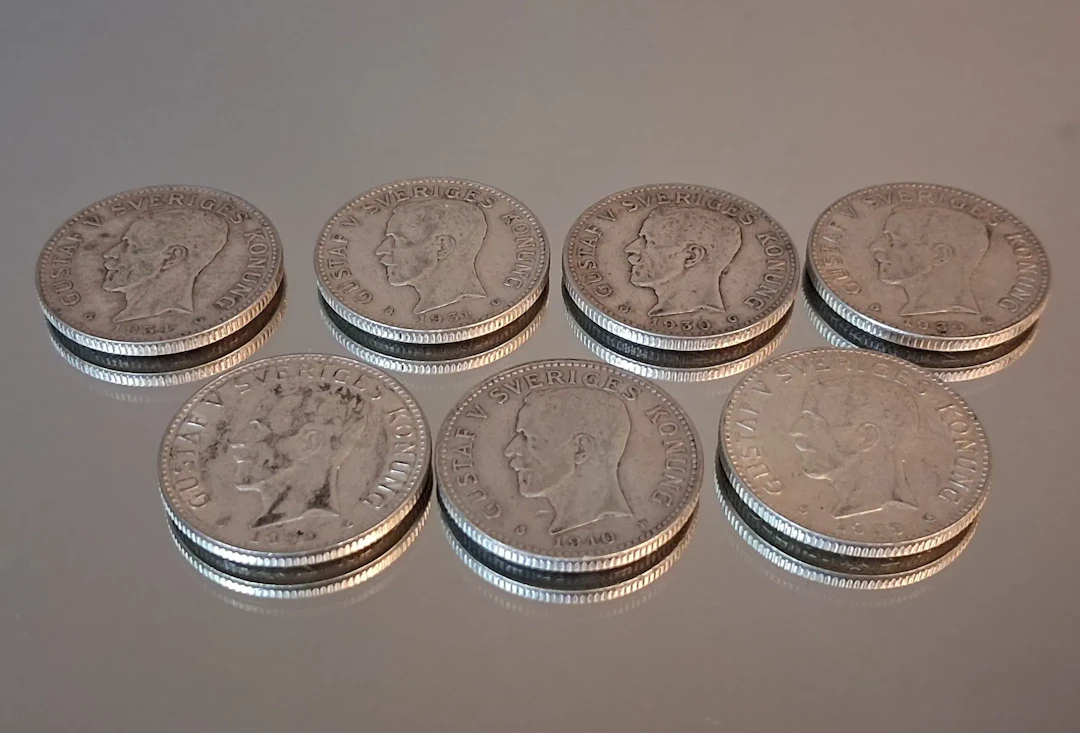 7 Stycken 2 Kronor. Silverhalt 80%, 105gram, 1910, 1930, 1931, 1934 & 1939.