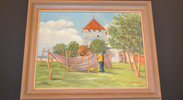 OIDENTIFIERAD KONSTNÄR. Olja på duk, "Kruttornet i Visby, fiskare