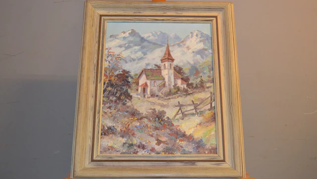 CARL BOWEDT. Olja på pannå, "Alpint landskap med kyrka", signerad.