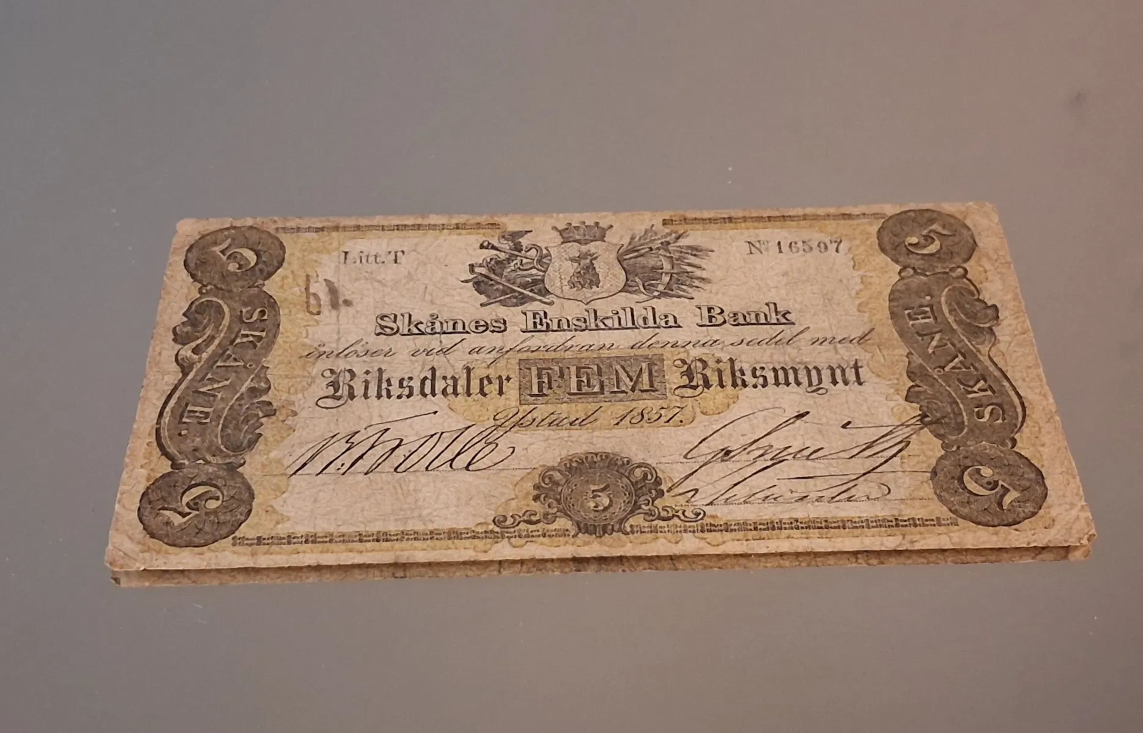 Privatbanksedel, Skånes Enskilda Bank, Fem Riksdaler, 1857.