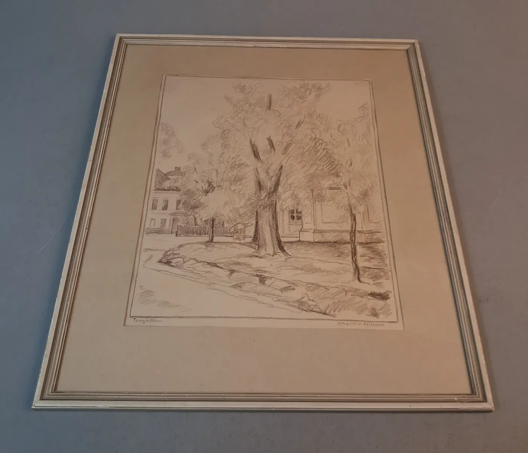 MARTIN NILSSON. Teckning/blyerts, "Torgkällan", signerad.