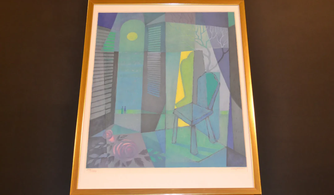 SVEN JONSON. Färglitografi, "Surrealistisk bild med stol", signerad