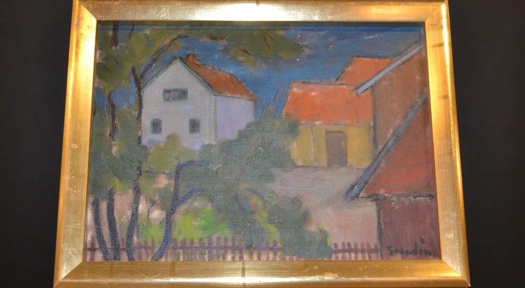 SVÄN GRANDIN. Olja på duk, "Landskap med hus", signerad.