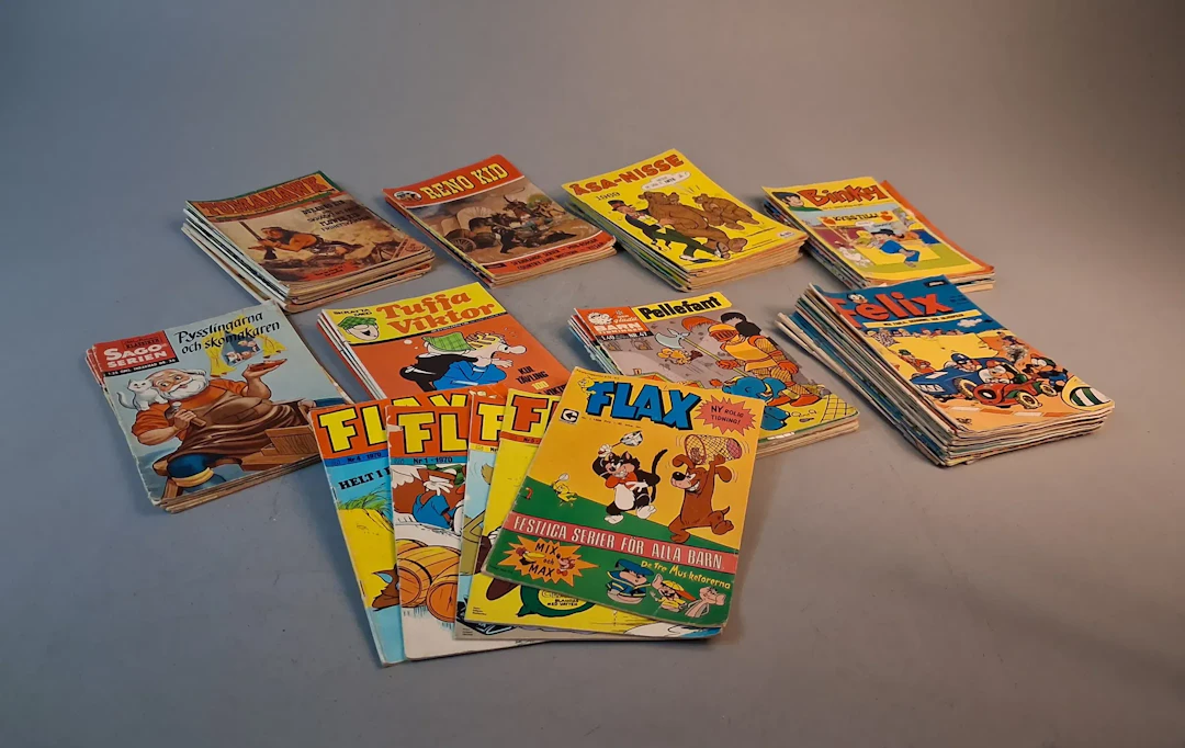 Diverse serietidningar. Bl.a Flax, Felix, Pellefant, Binky, Åsa-Nisse