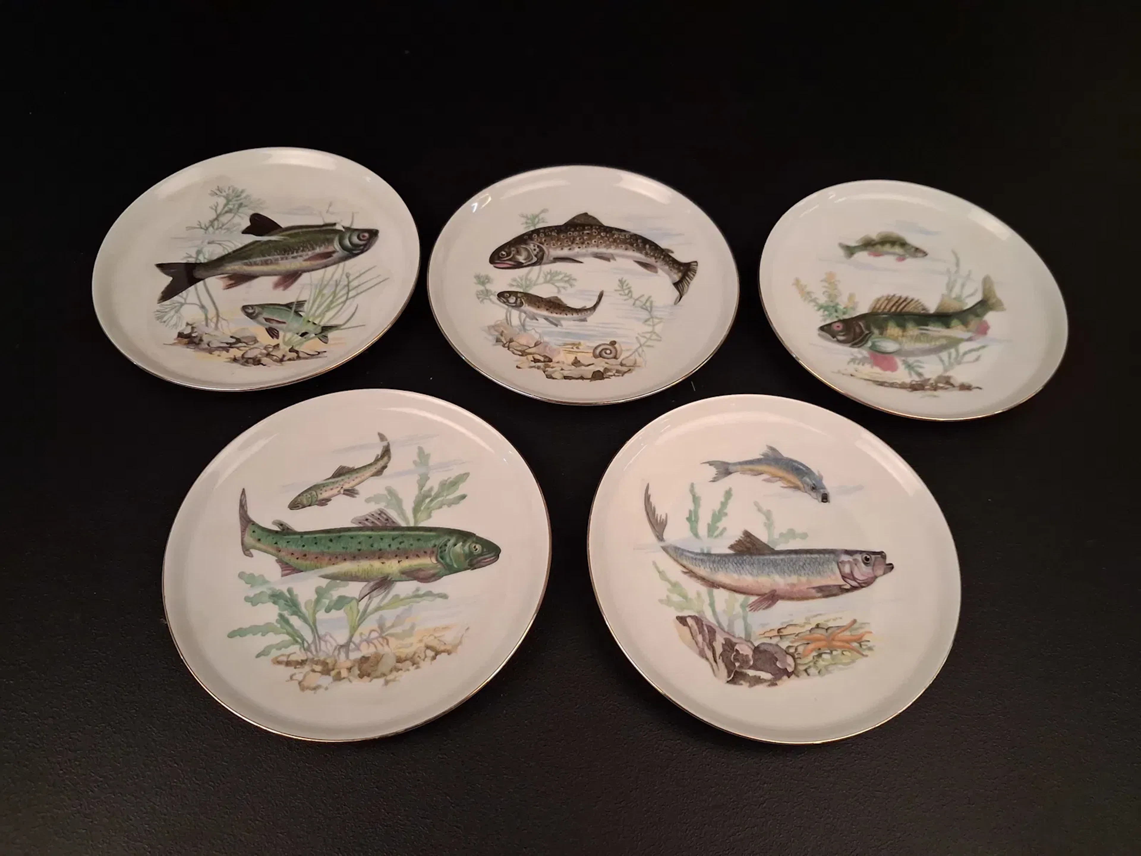 5 Assietter. fisk motiv. porslin. Carl Petri.