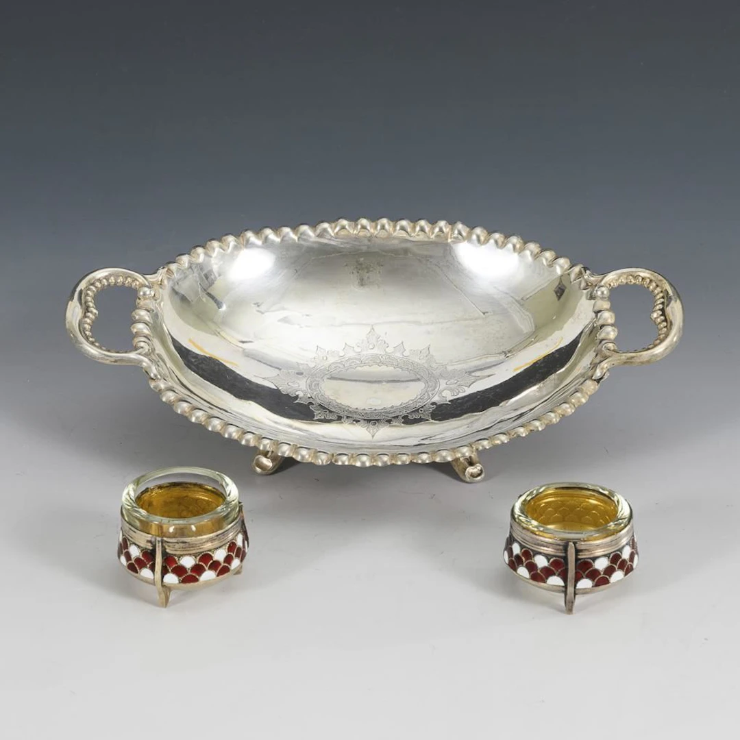 Silver candy dish and 2 salt bowls.