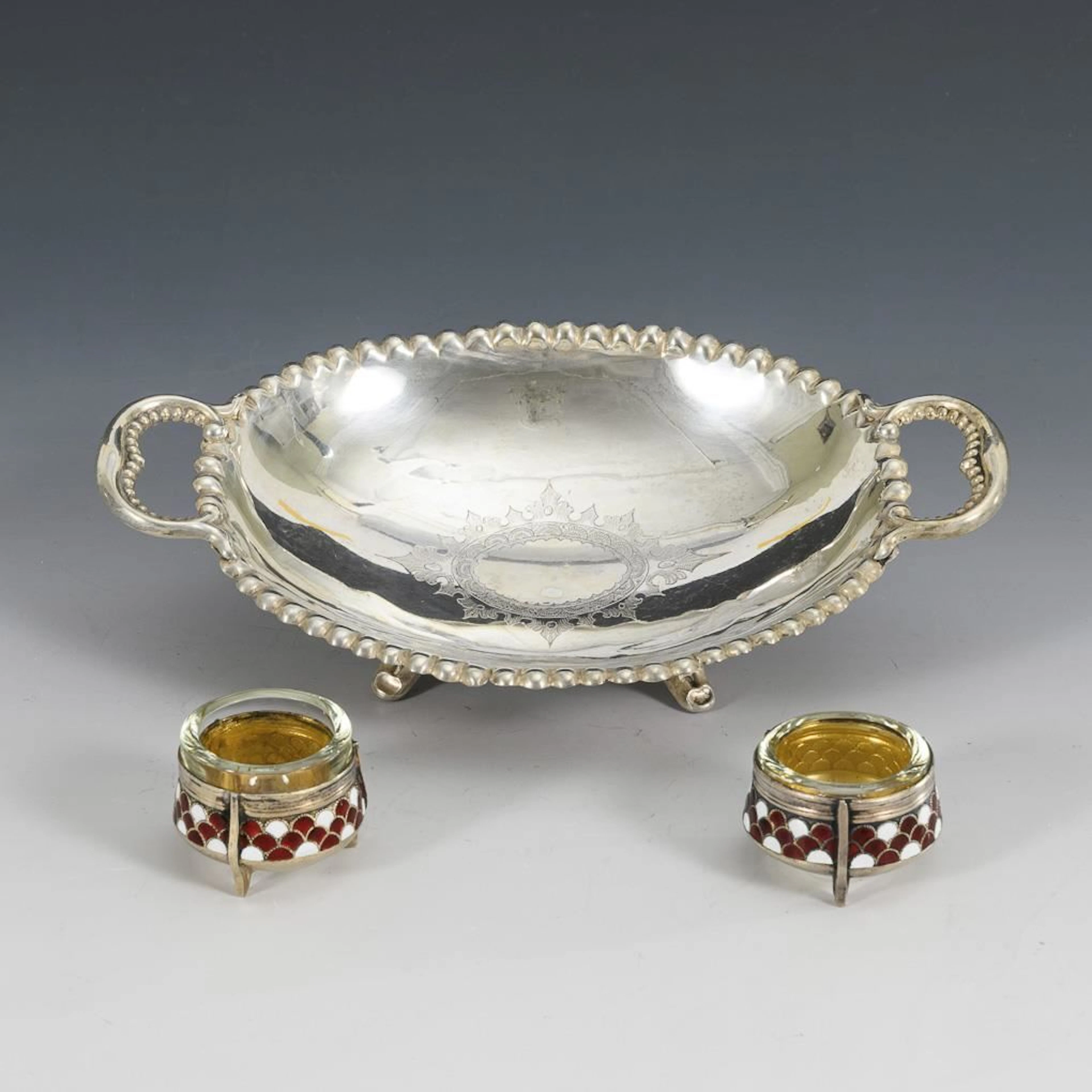 Silver candy dish and 2 salt bowls.
