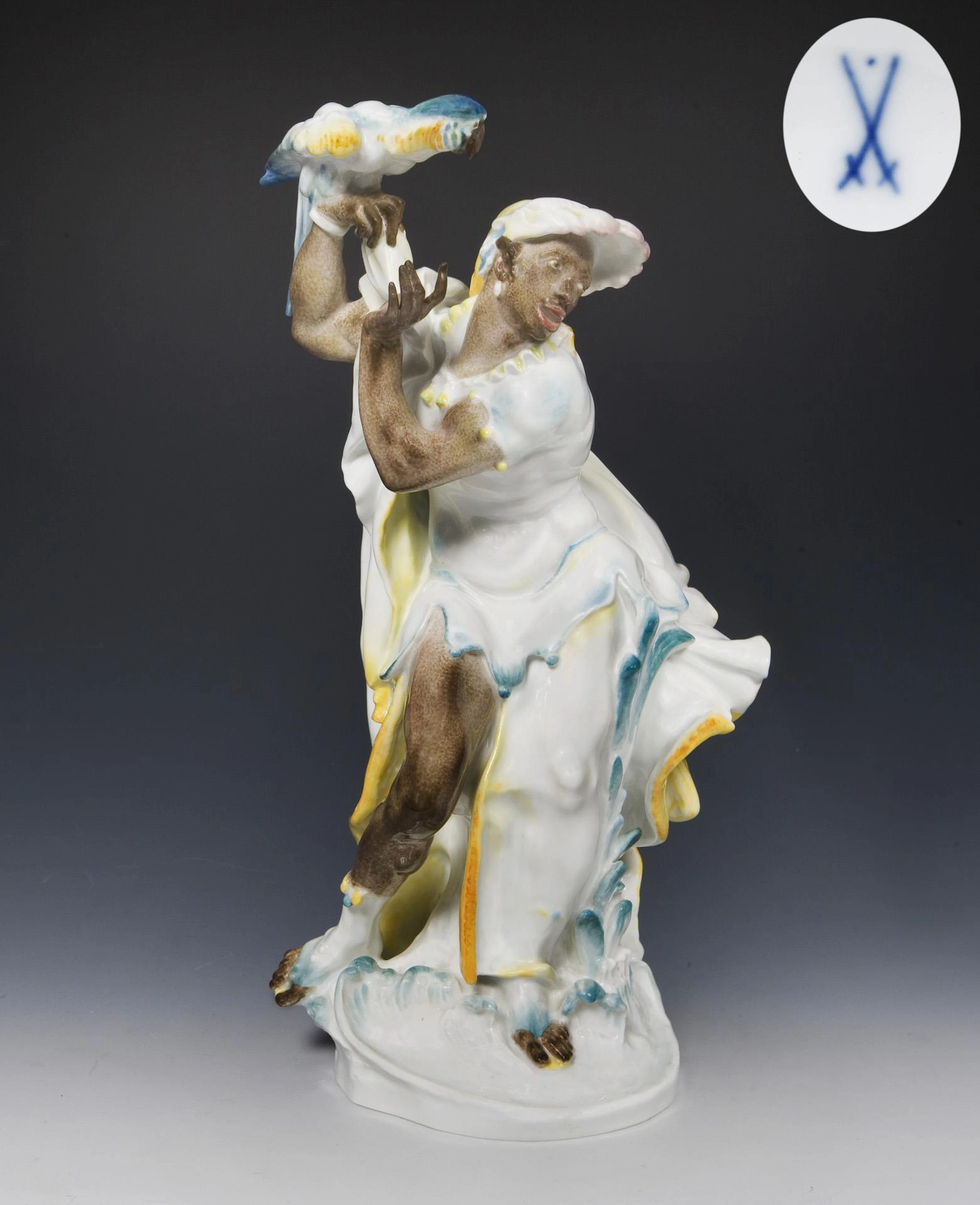Art deco figurine: African with parrot. Meissen.
