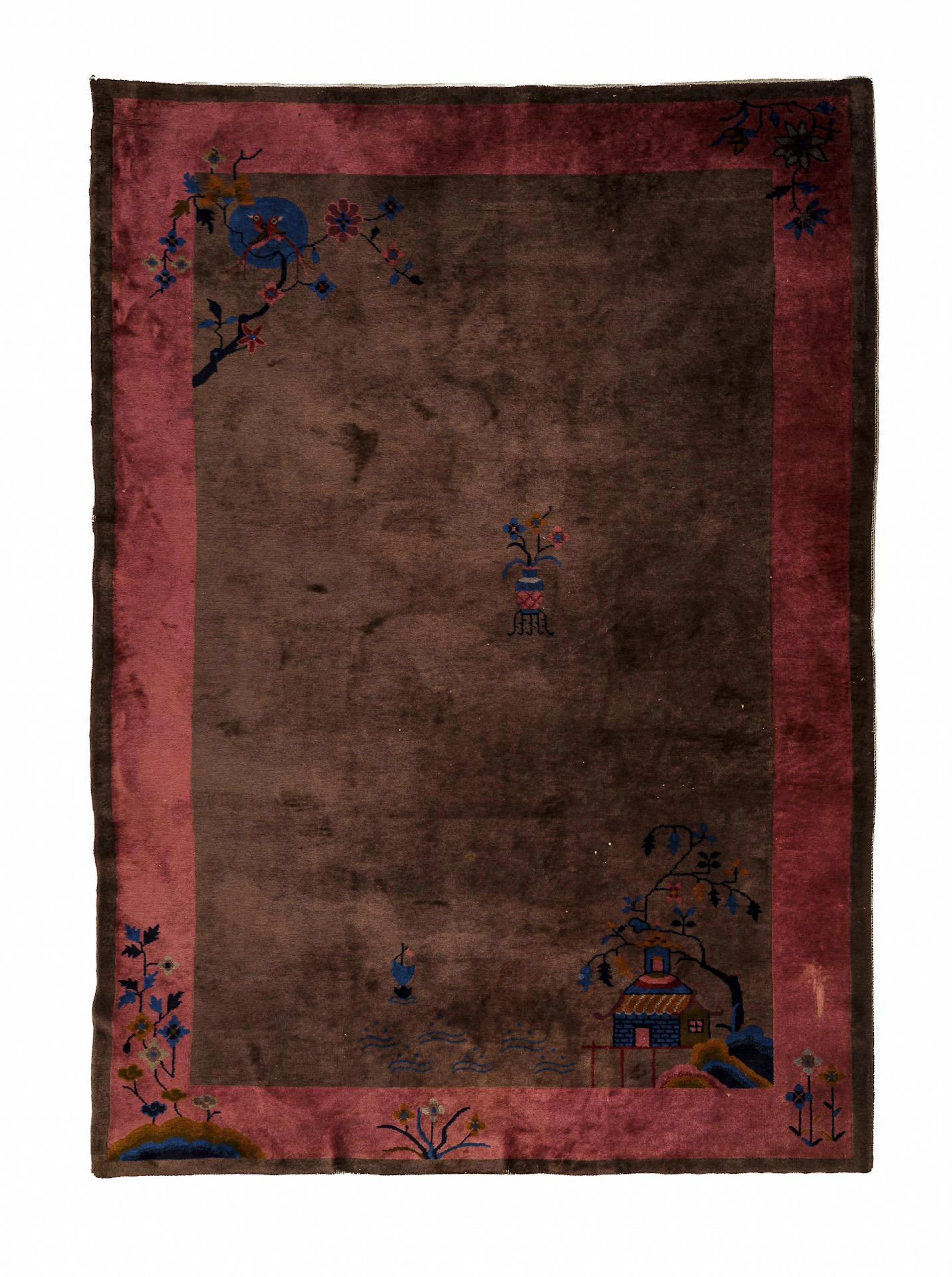 Asian carpet with architecture.