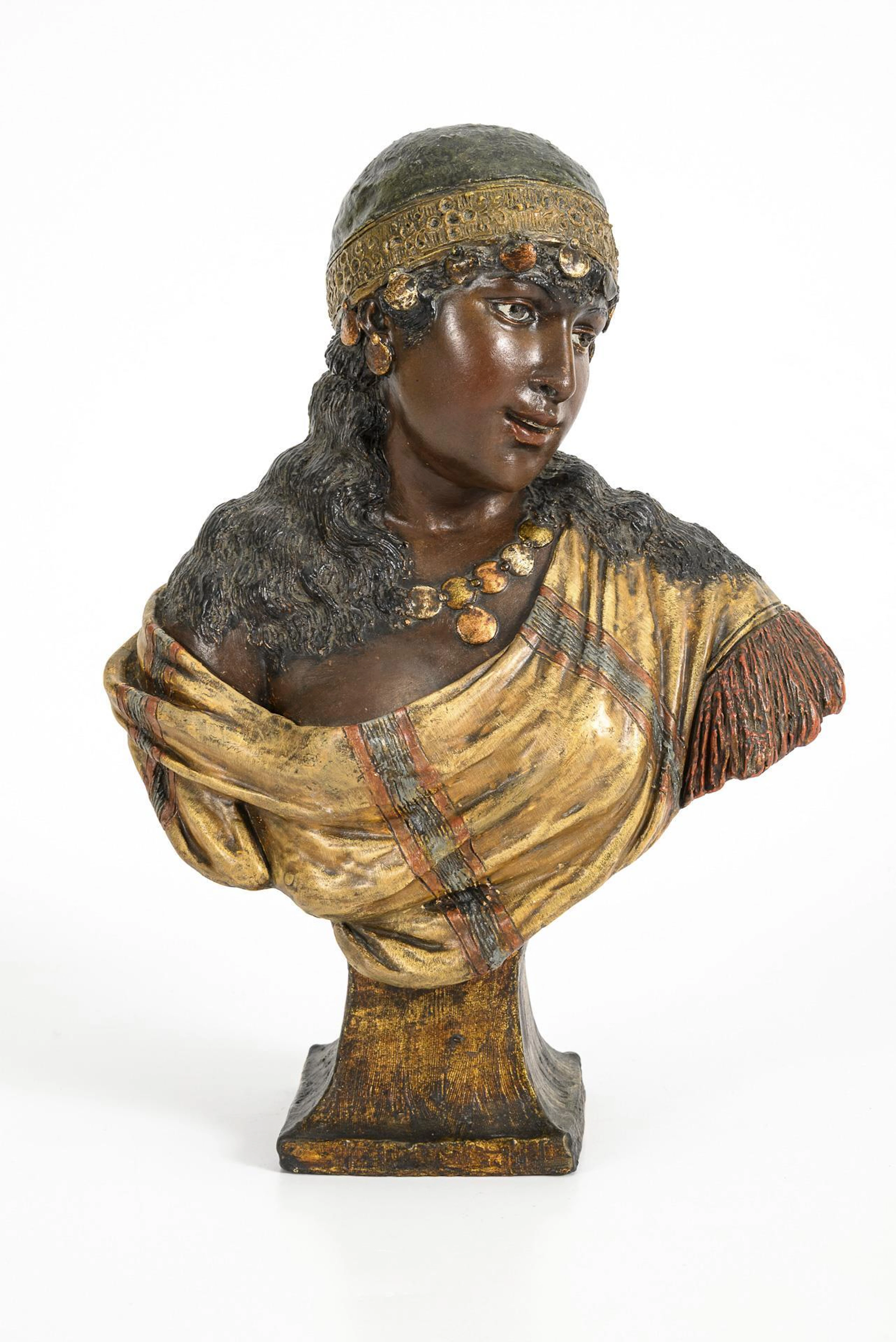 Art Nouveau terracotta bust "Oriental woman with coin chains".