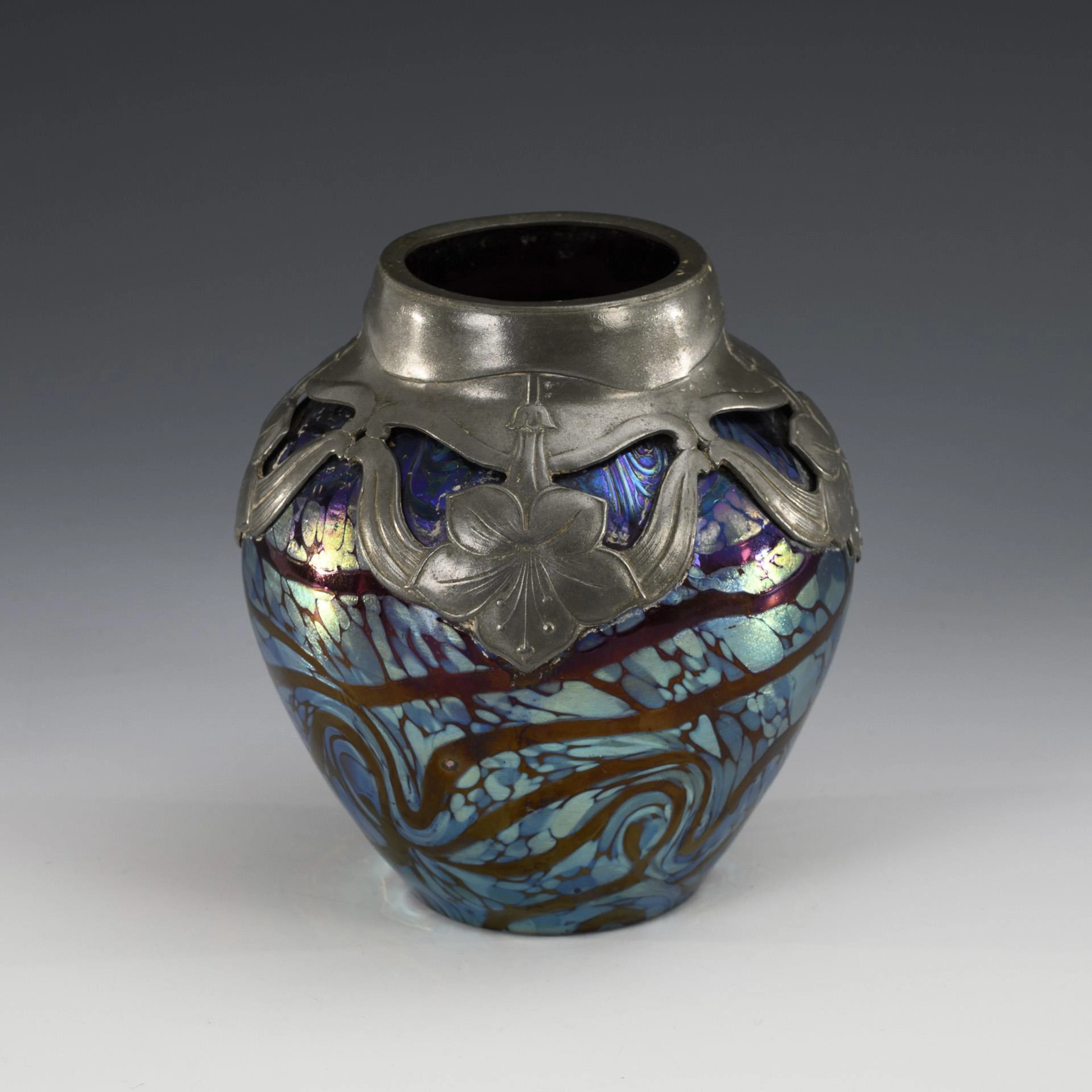 Art Nouveau "Changeant" vase with pewter mount. Fitz Heckert.