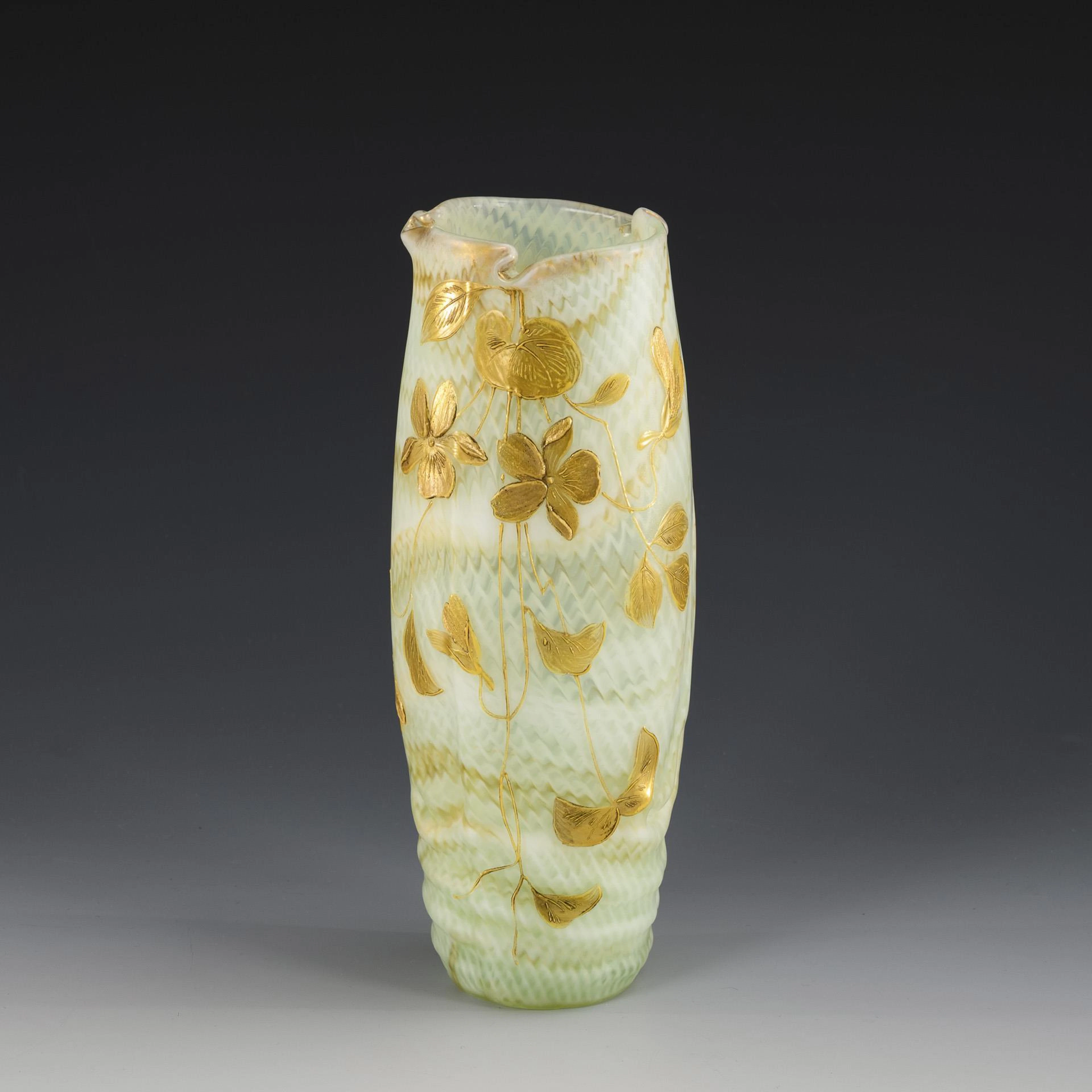 Rare Art Nouveau vase with gilded relief enamel decoration. Kralik.