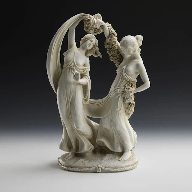 Art Nouveau set: Dancing Women with a Garland of Flowers. E. & A. Müller.