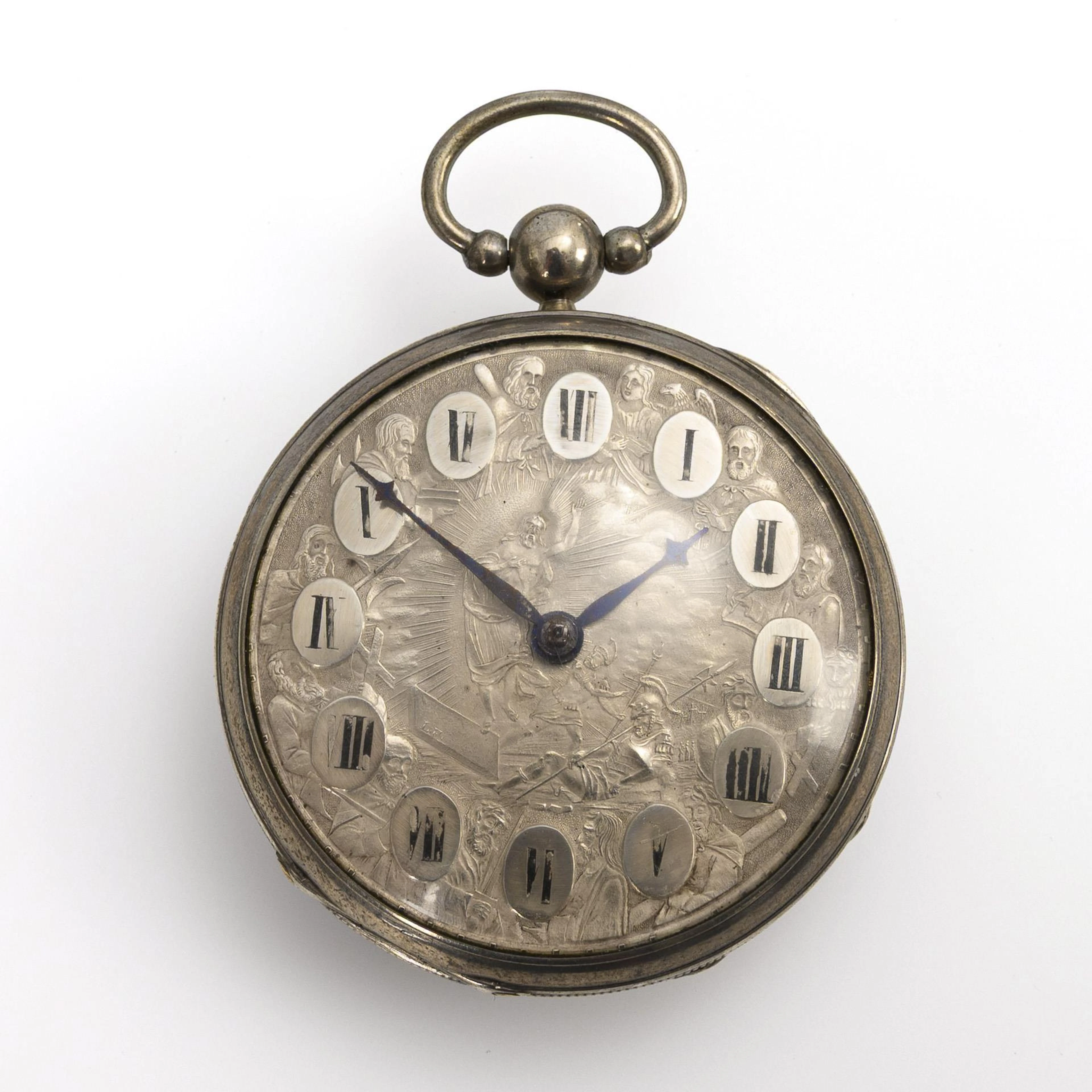 Silver pocket watch with ornate relief dial with apostles.