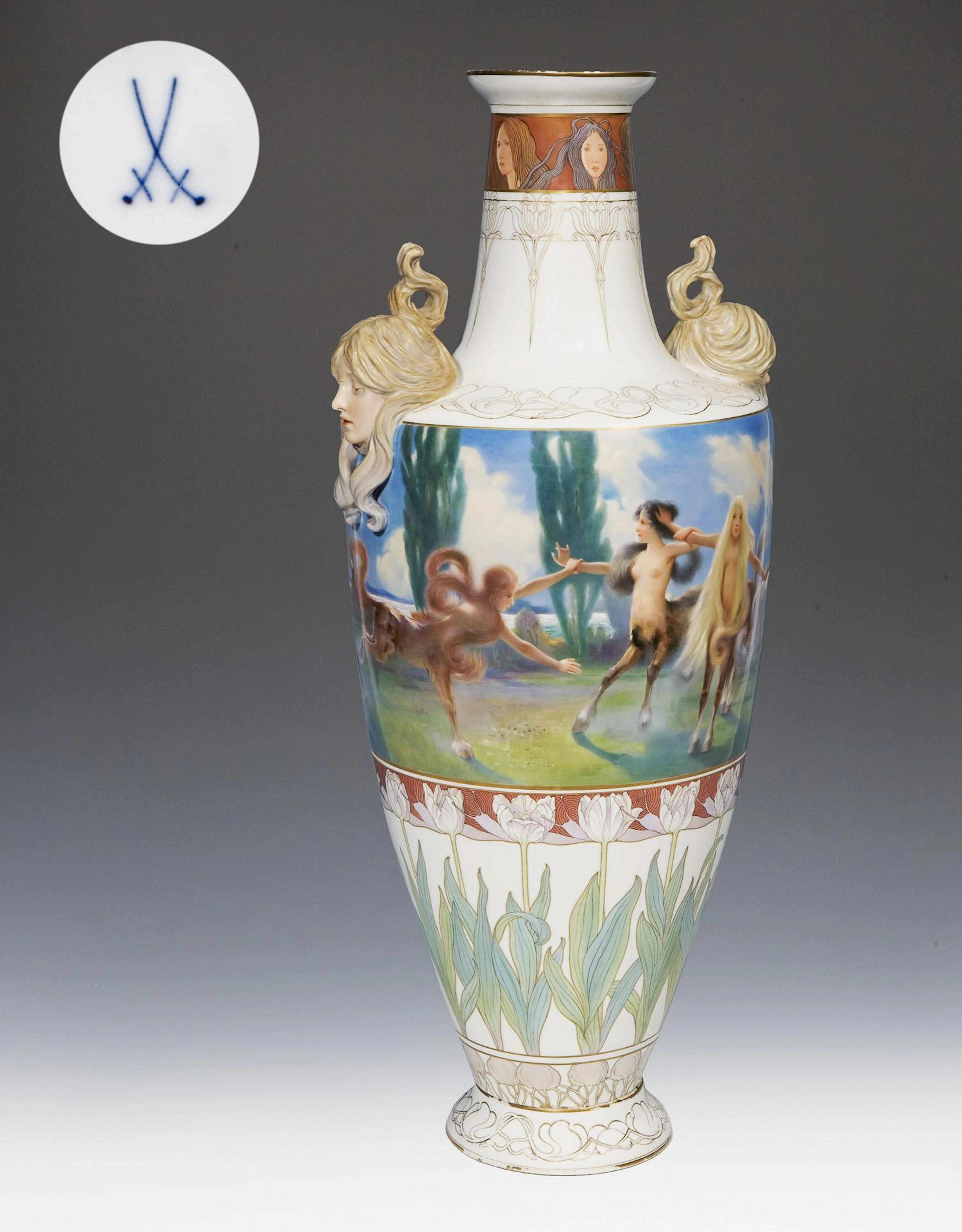 Museum-quality extremely rare large Art Nouveau vase. Meissen.