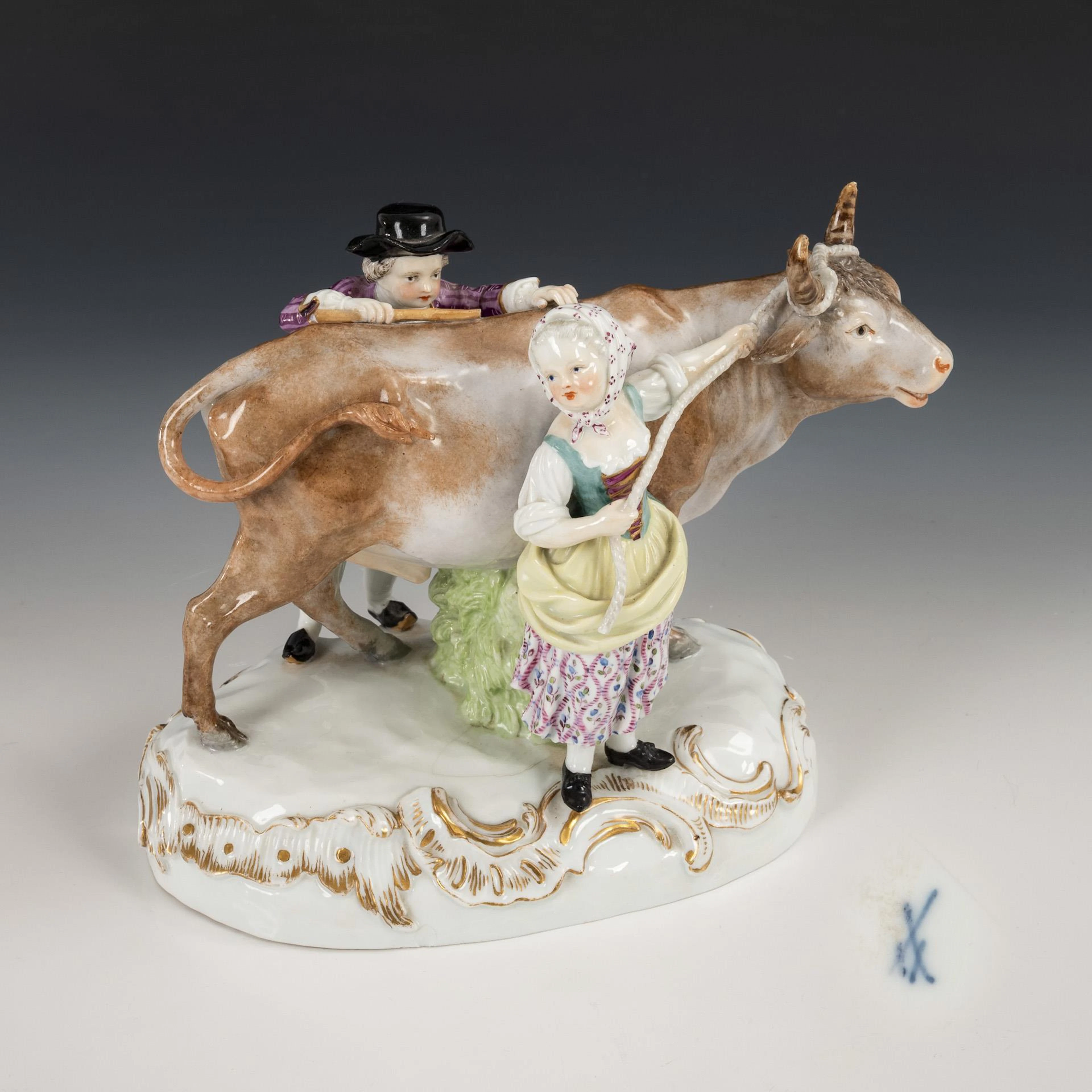 Couple of children with bull. Meissen. . Sword mark, 19th century