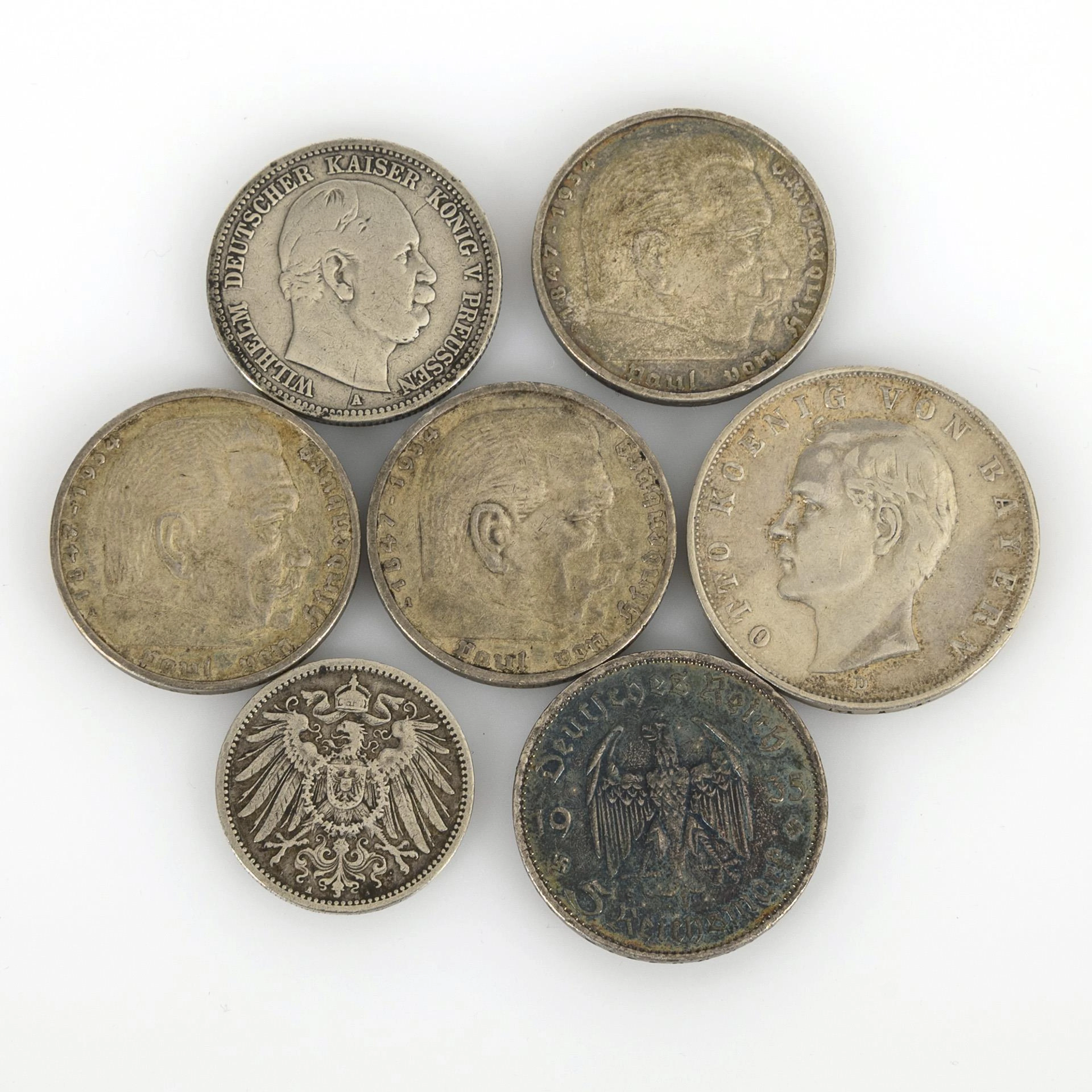 7 silver coins of the German Empire.