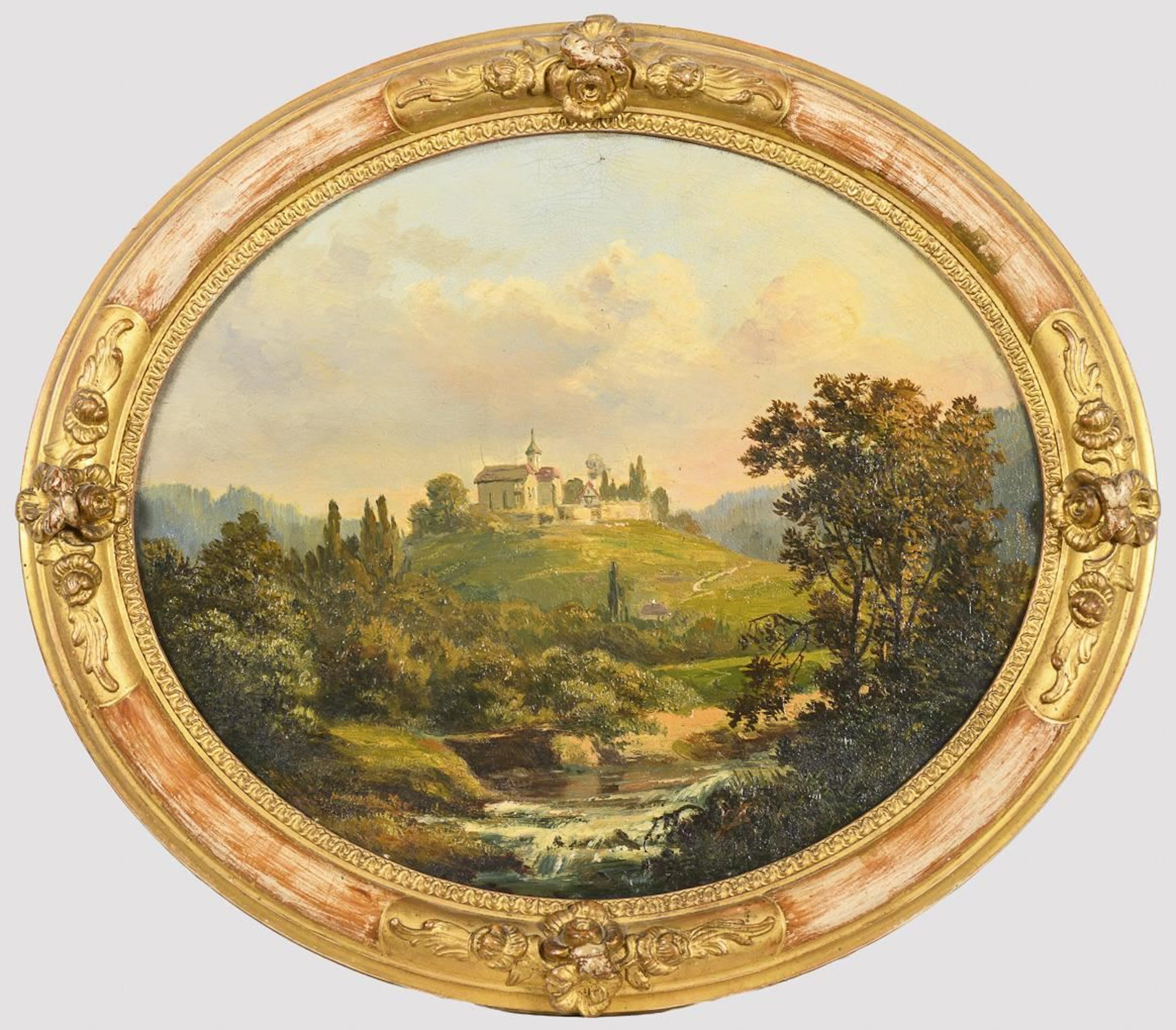 Oval Painting of a Church in the Sunlight
