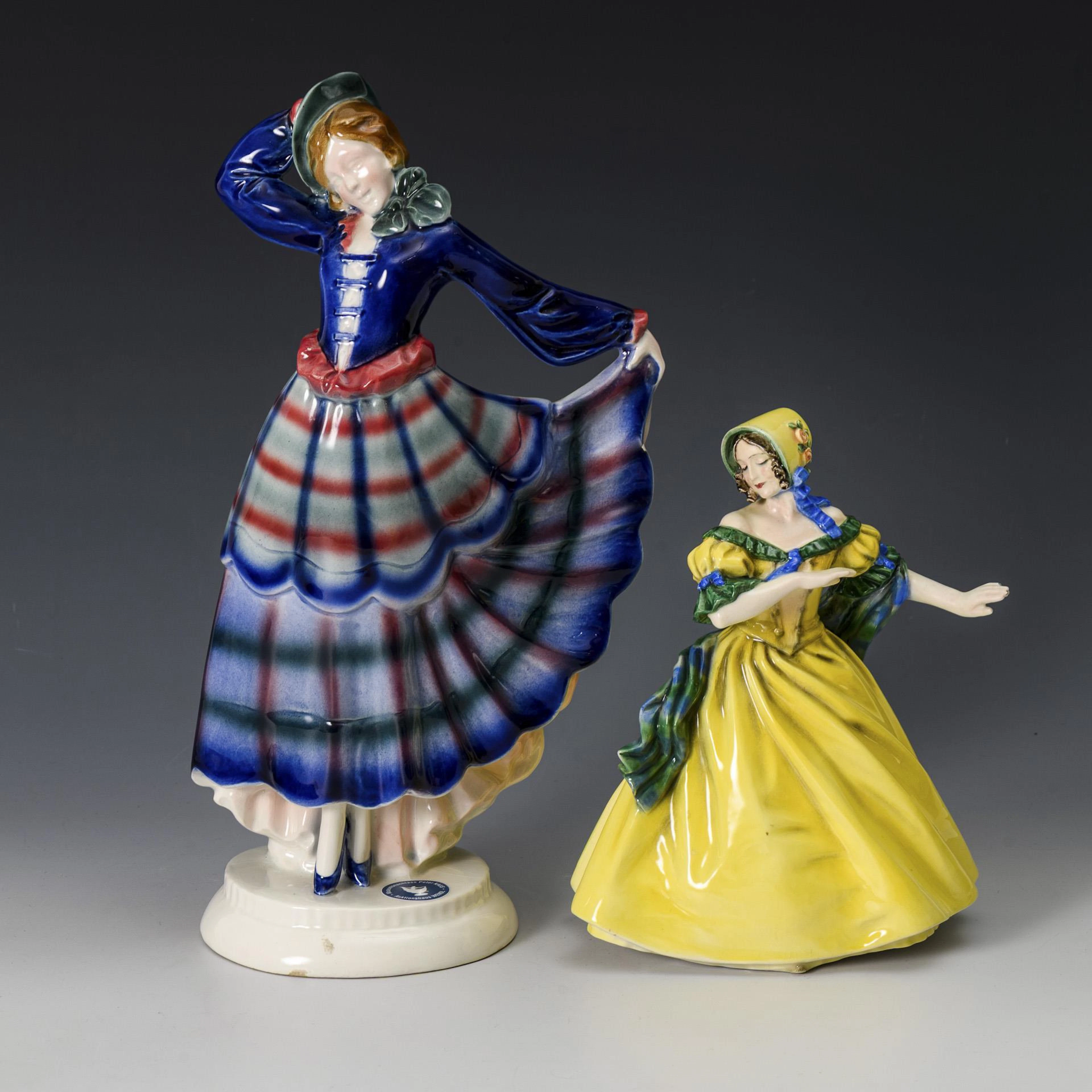 Art Nouveau dancer in yellow dress and Art Deco dancer in blue dress.