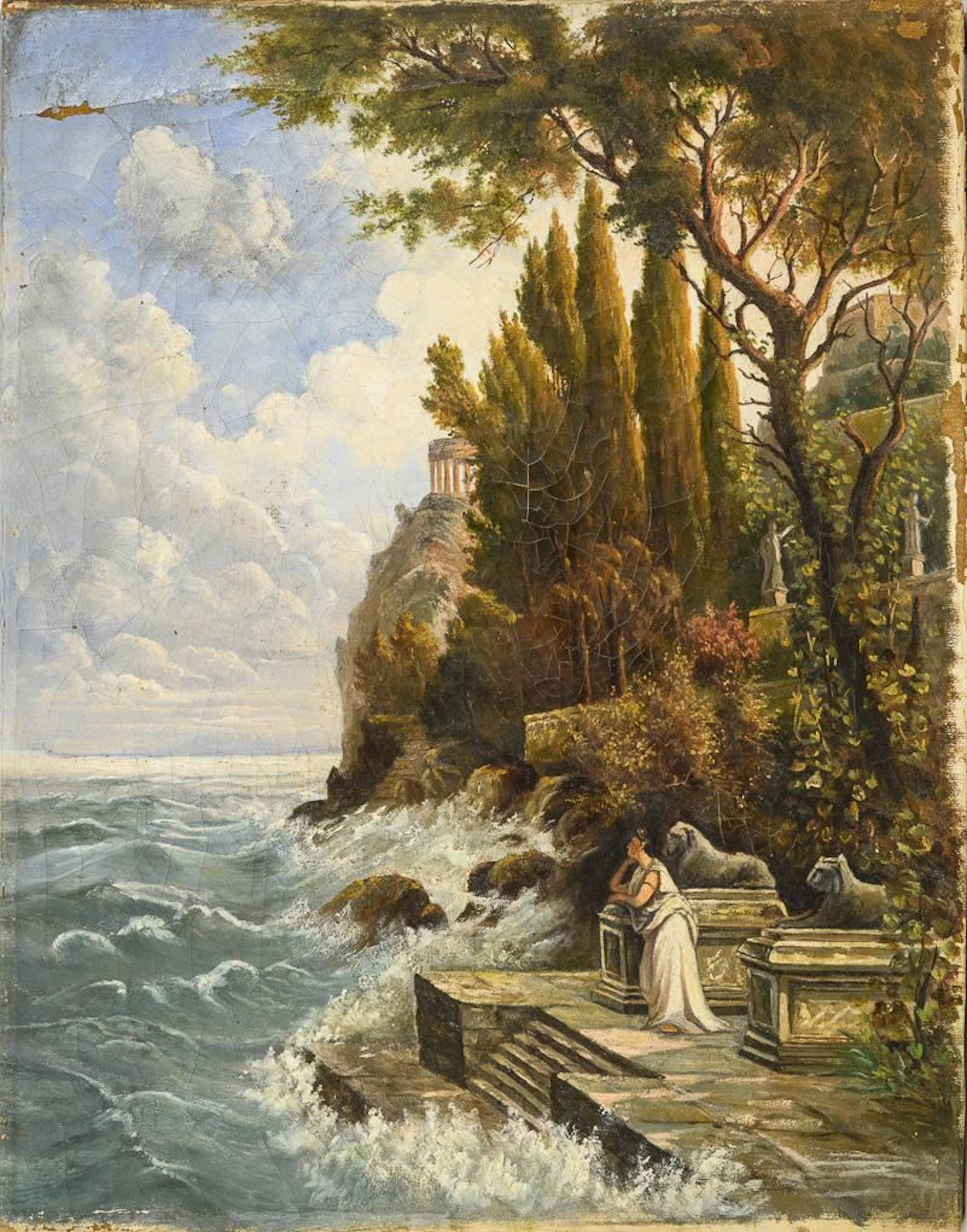 Mediterranean coastal landscape with ancient architecture and figure groupings