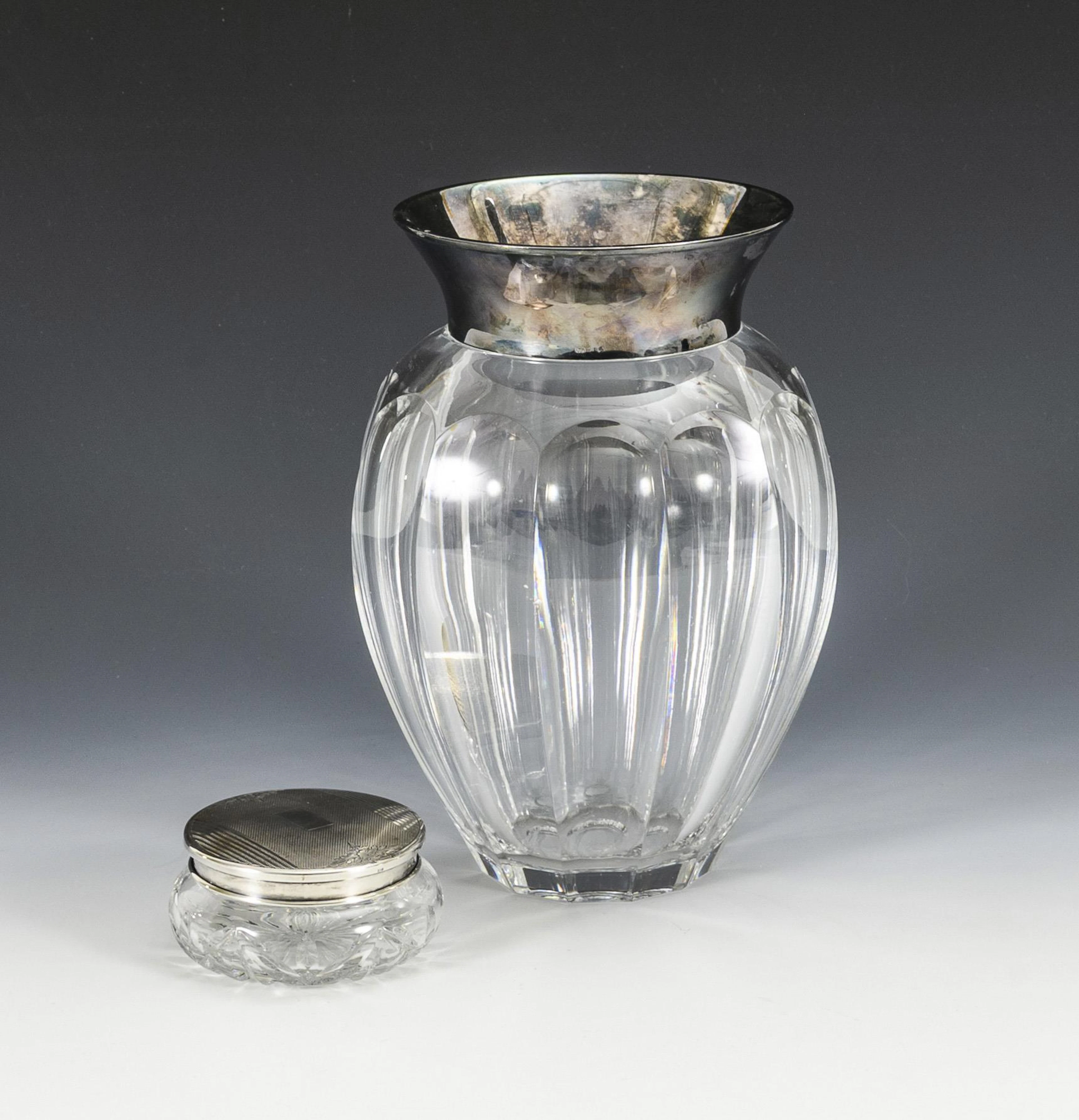 Large glass vase and English box with silver lid.