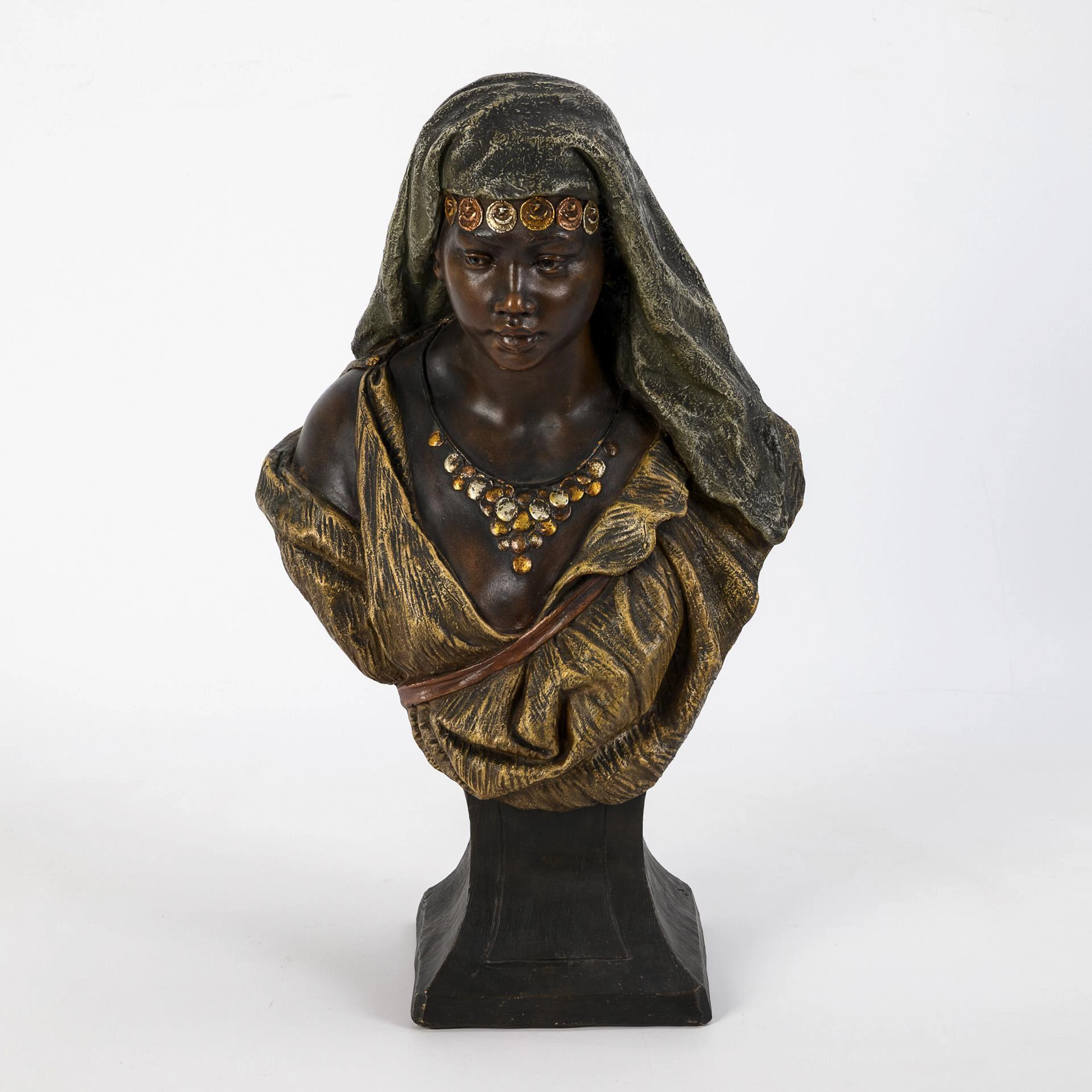 Small Art Nouveau terracotta bust "North African woman with coin chains