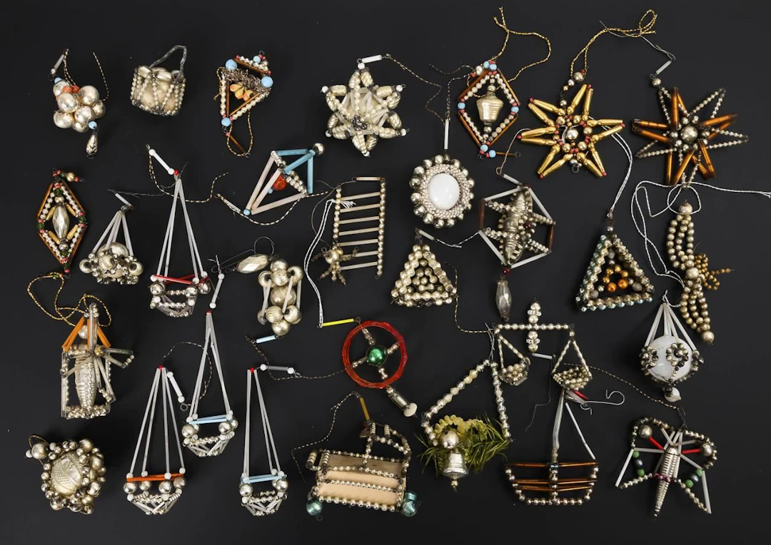 Assortment of Gablonz Christmas tree ornaments.