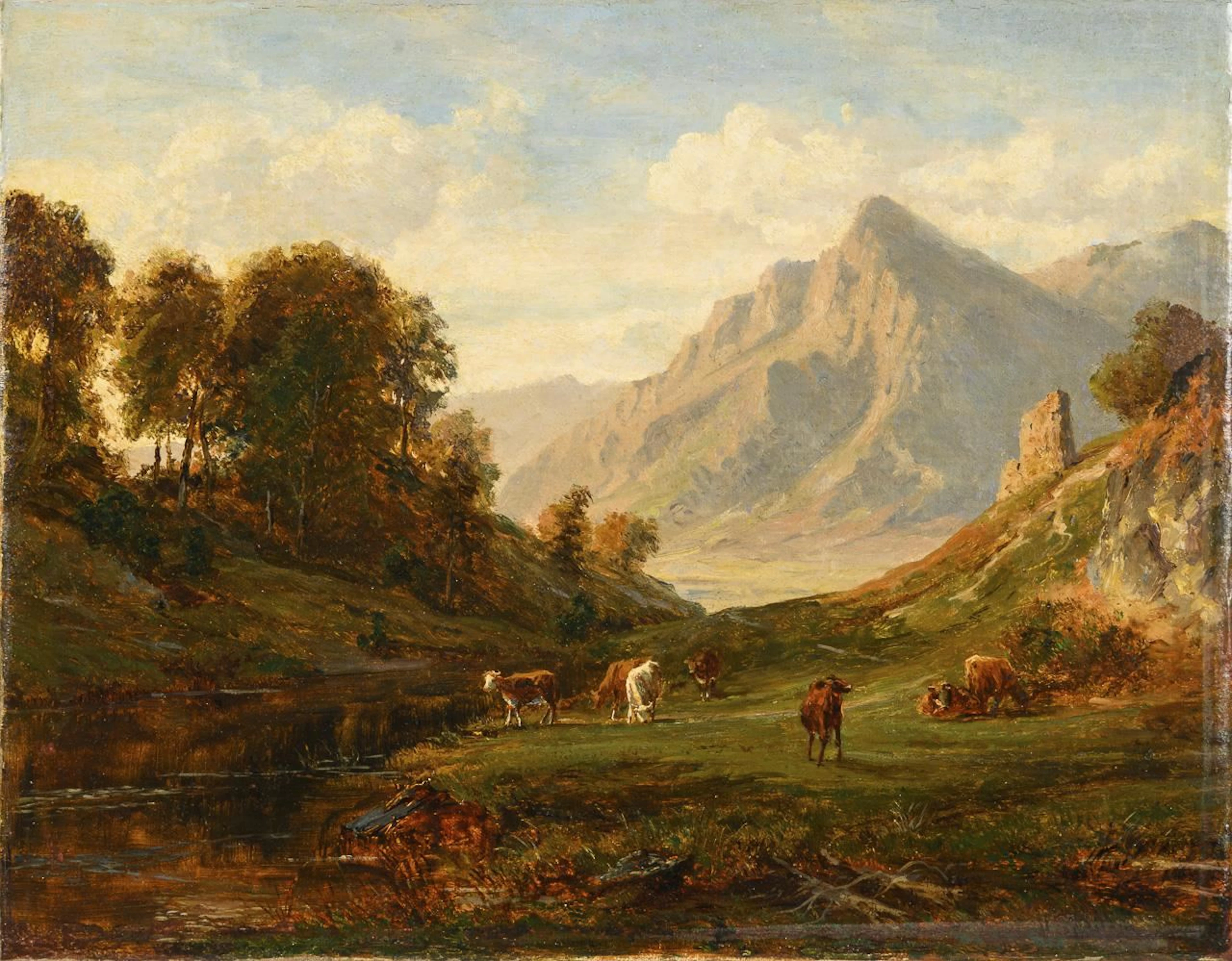 Mountain Landscape with Grazing Cattle
