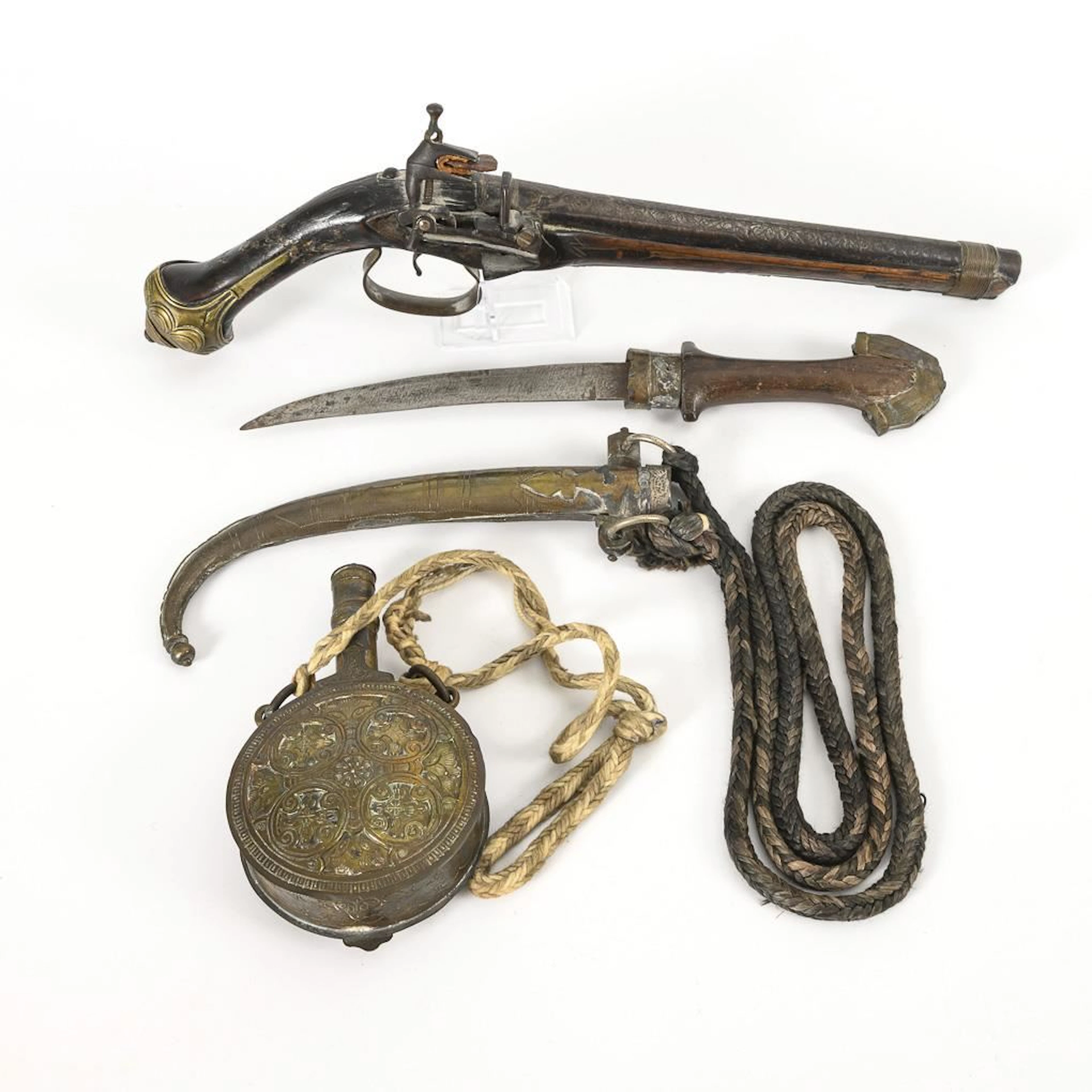 Pistol, powder flask, dagger - North Africa.